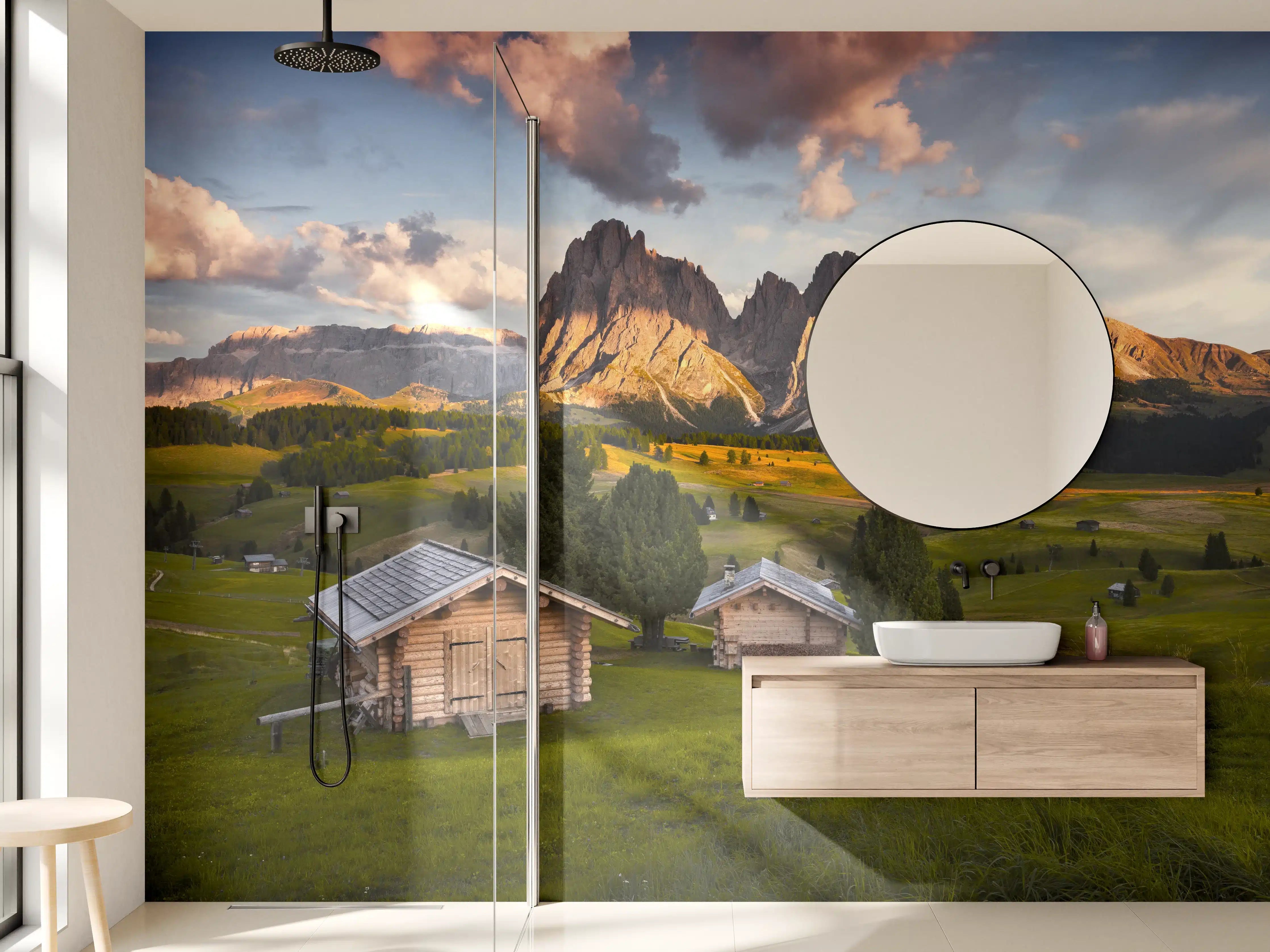 Wandverkleidung Bad - Alpenhütten Sonnenuntergang Grün