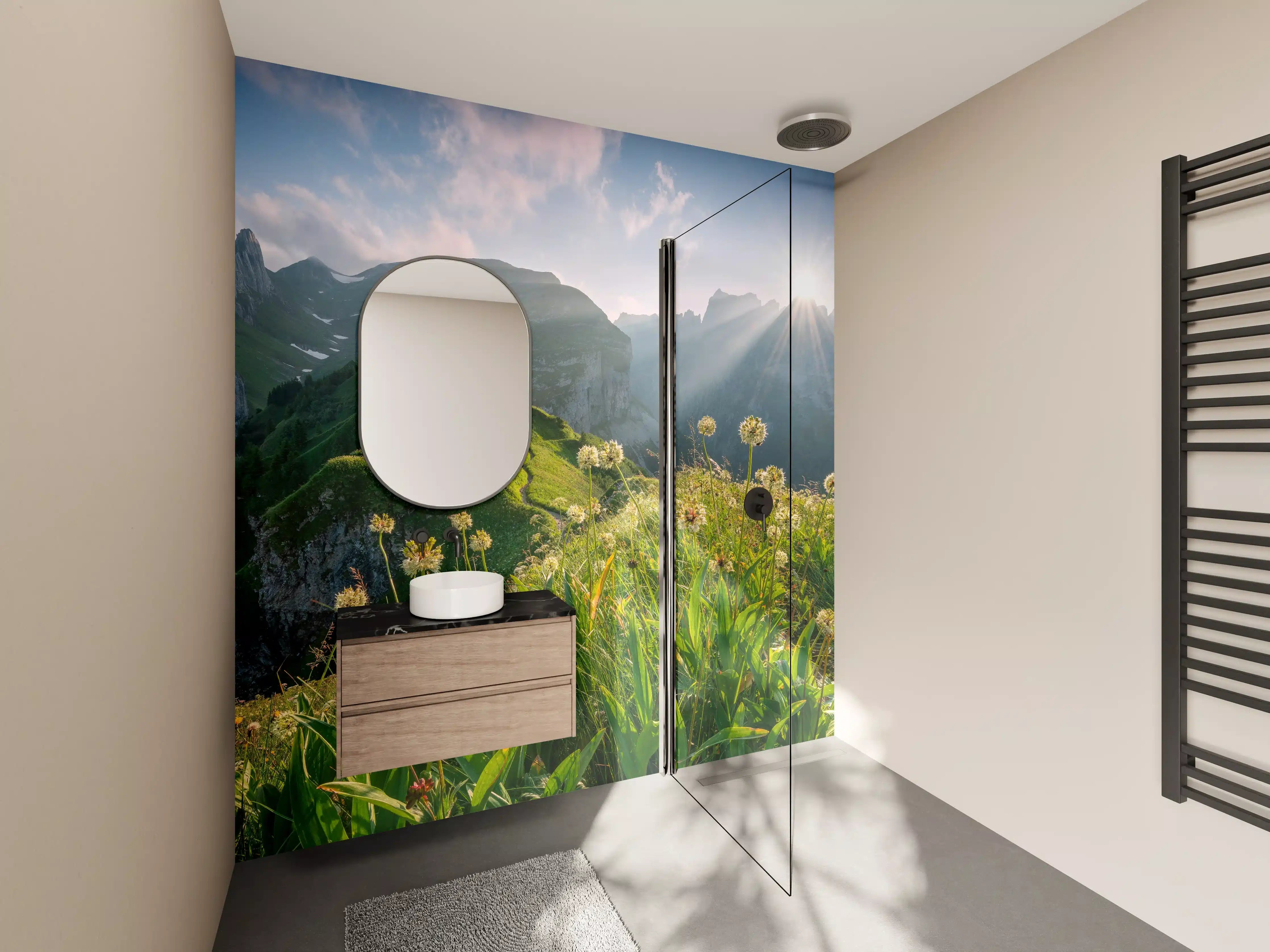 Wandverkleidung Bad - Alpenwiesen im Sommerlicht