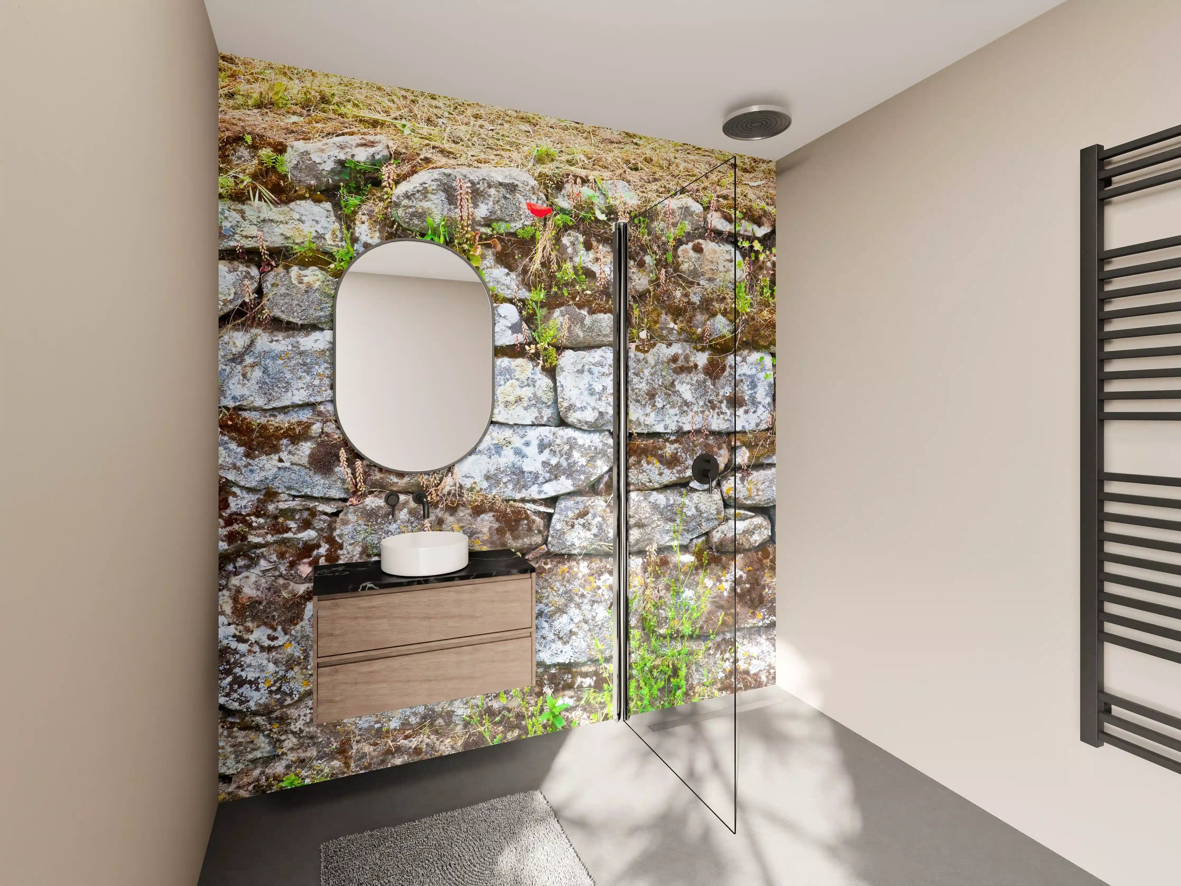 Wandverkleidung Bad - Alte Steinmauer mit moosbedecktem Rand