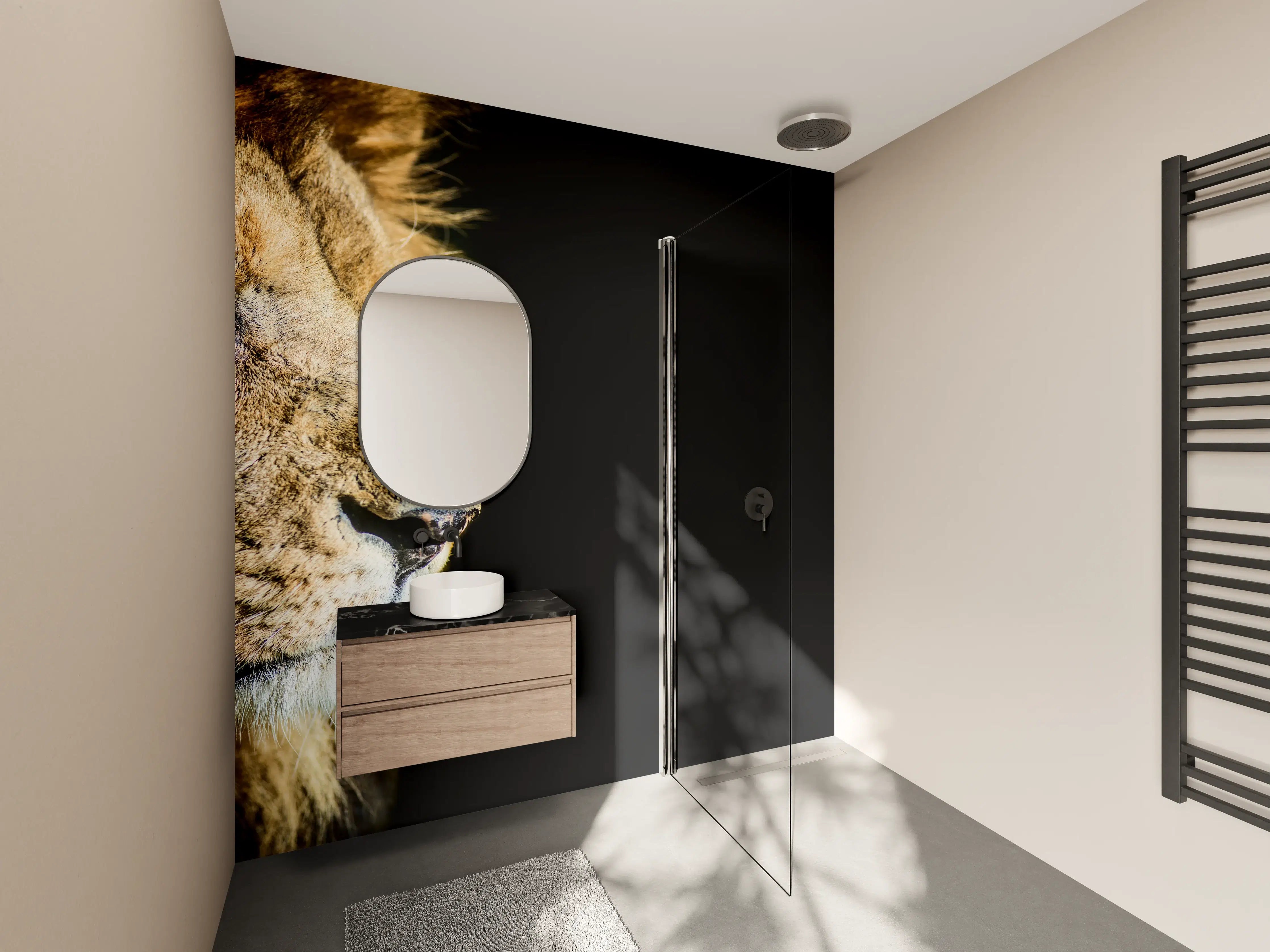 Wandverkleidung Bad - Alter Löwe auf schwarzem Hintergrund