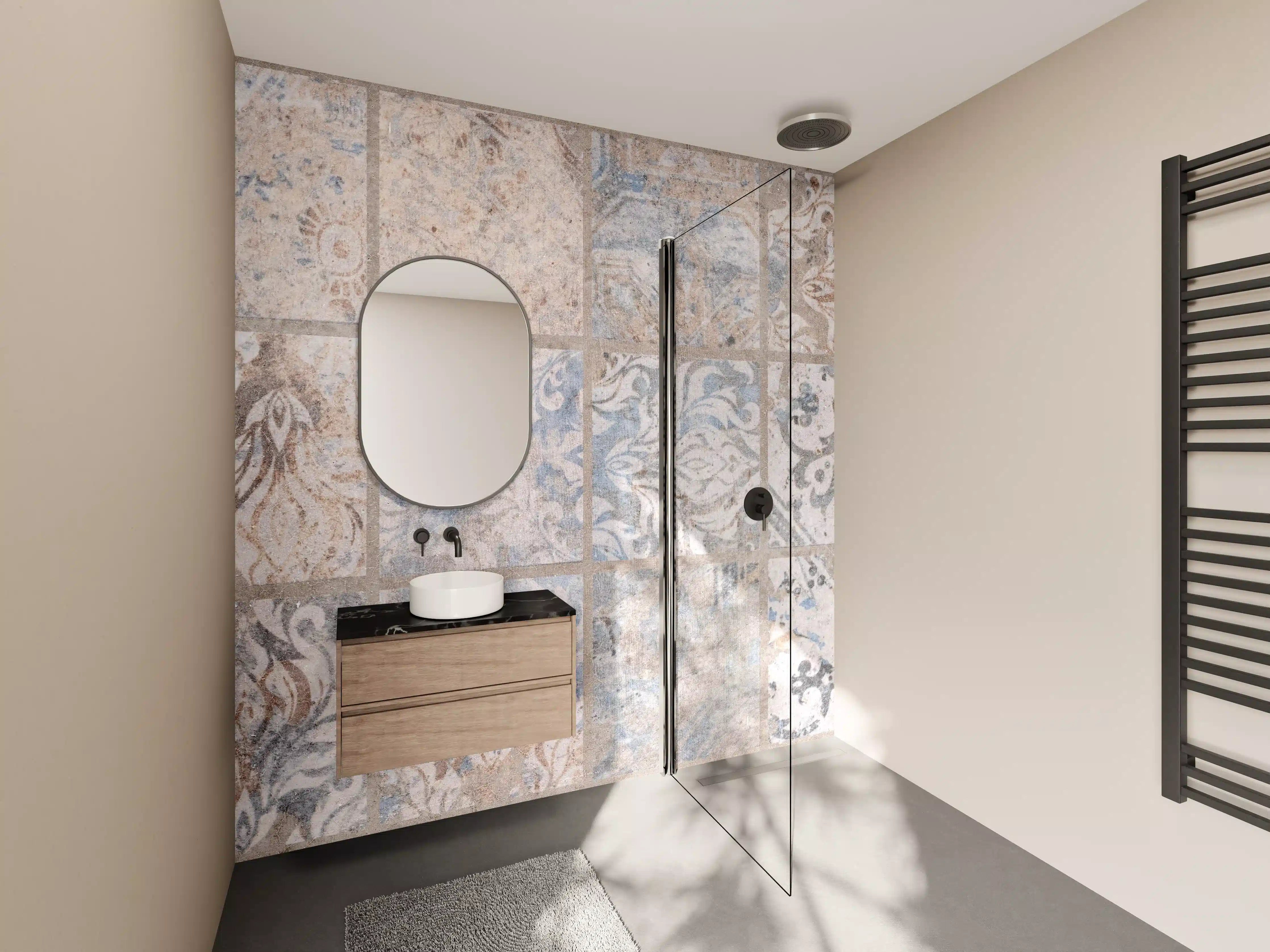 Wandverkleidung Bad - Altes blau-braun Patchwork Motiv