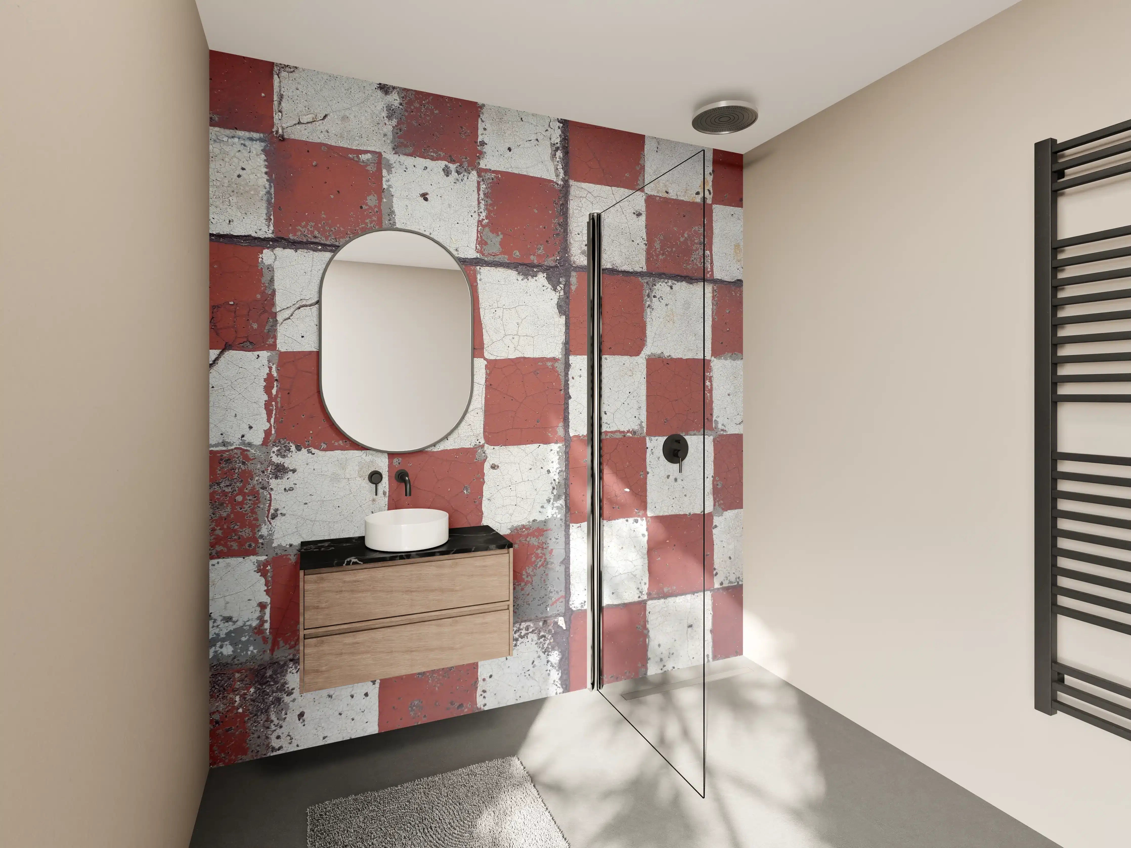 Wandverkleidung Bad - Antike Fliesen mit rotem und weißem Muster