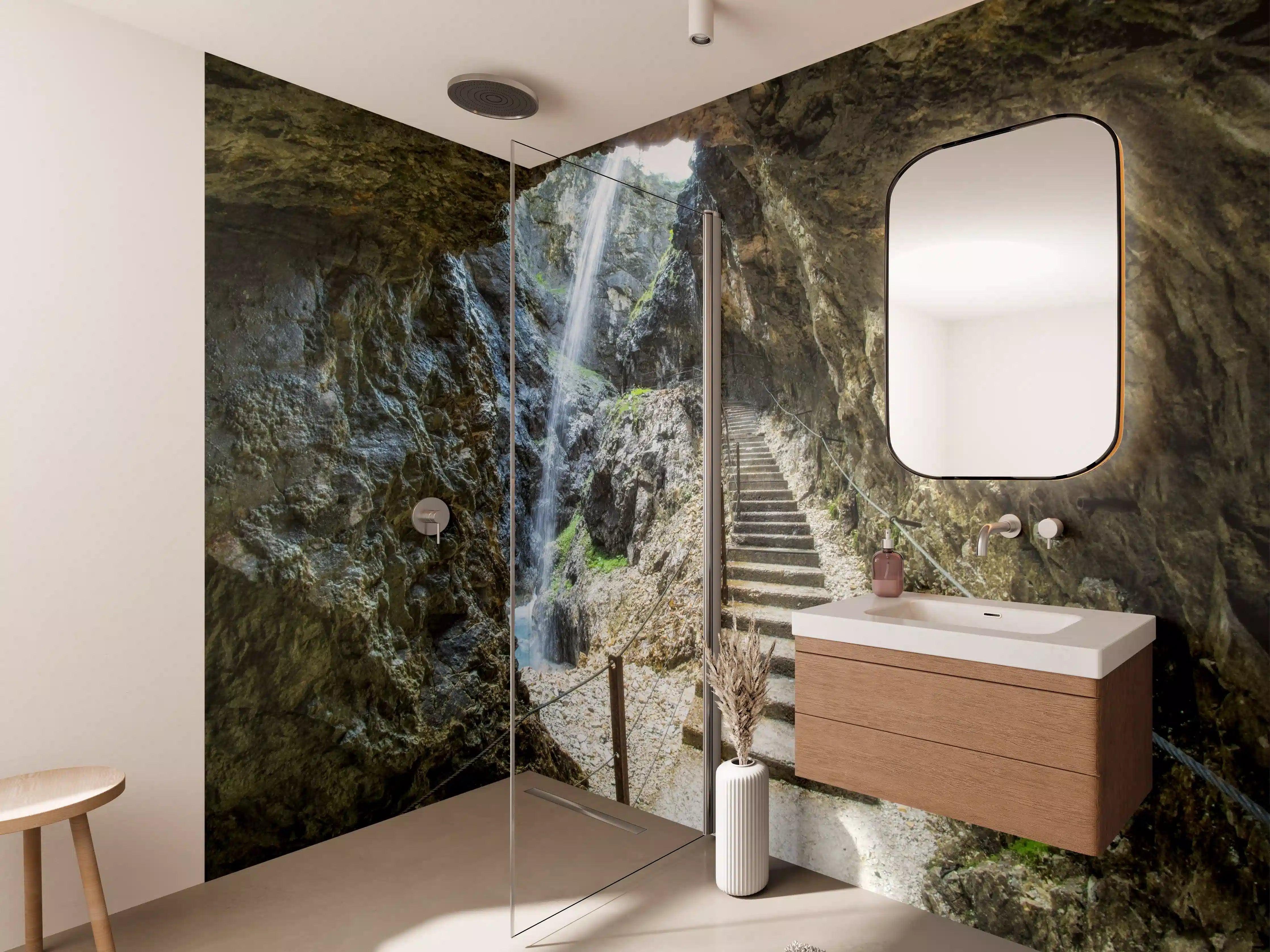 Wandverkleidung Bad - Antike Steintreppen mit Wasserfall
