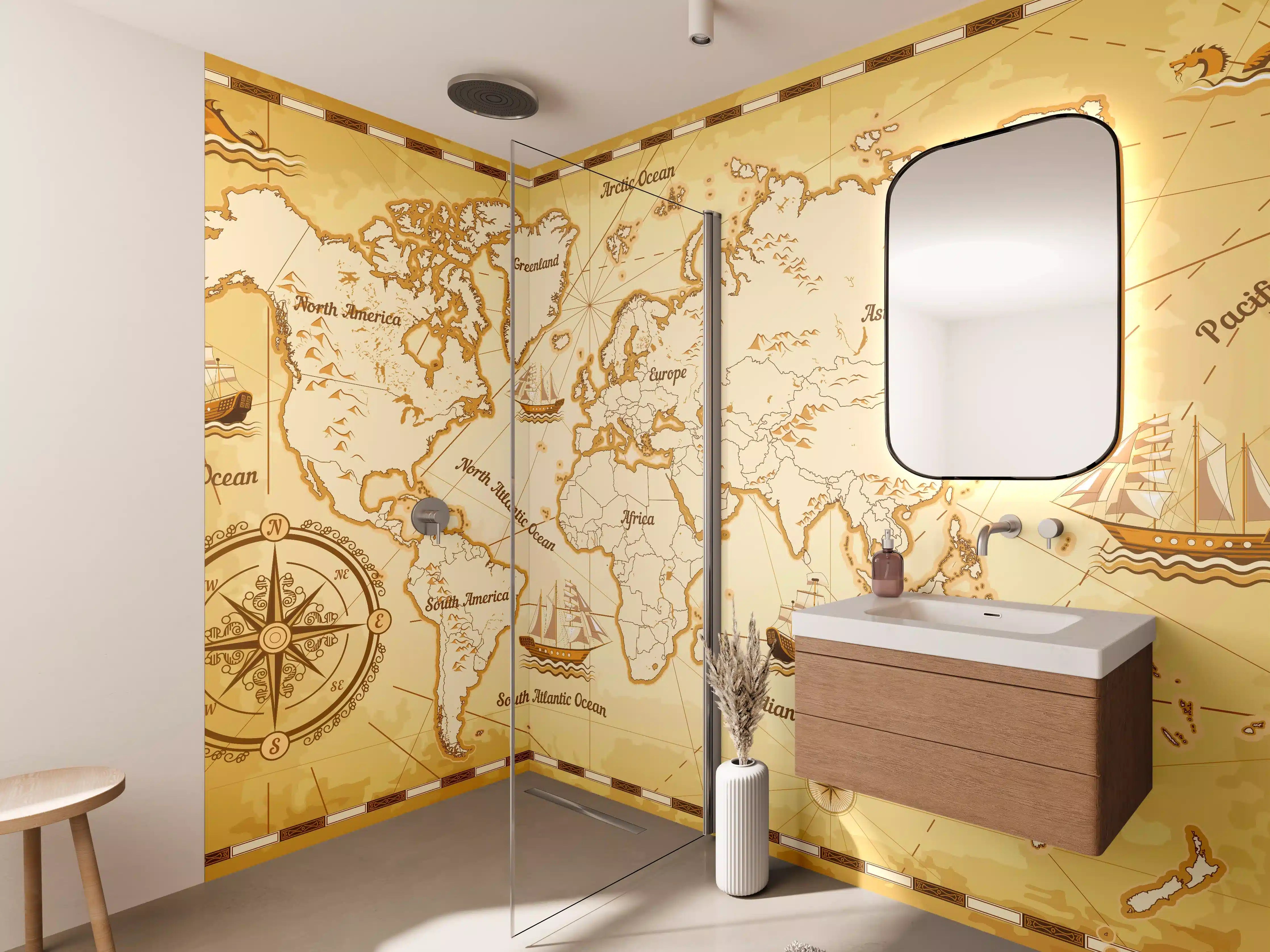 Wandverkleidung Bad - Antike Weltkarte mit sepiafarbenem Vintage-Look