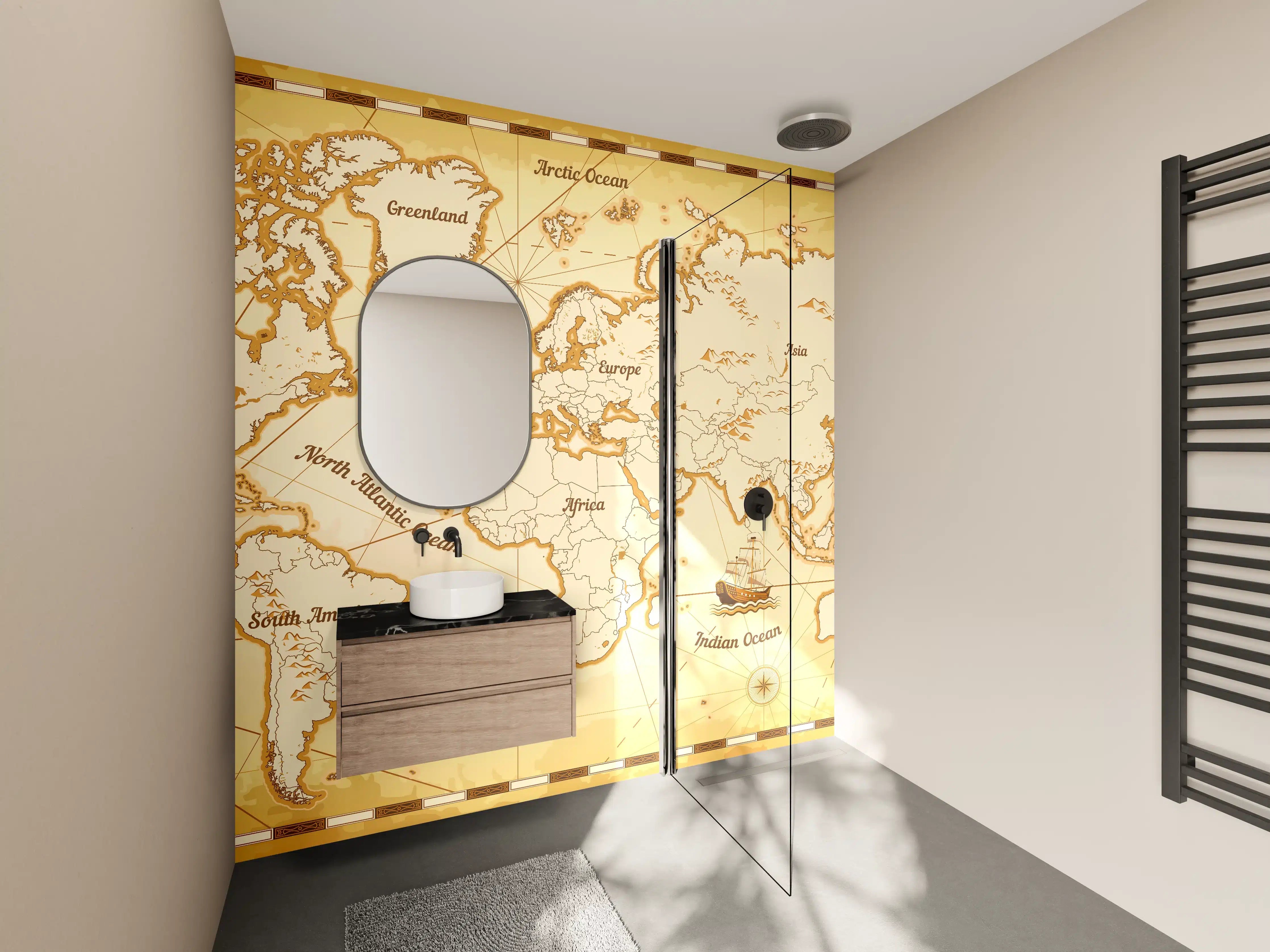 Wandverkleidung Bad - Antike Weltkarte mit sepiafarbenem Vintage-Look