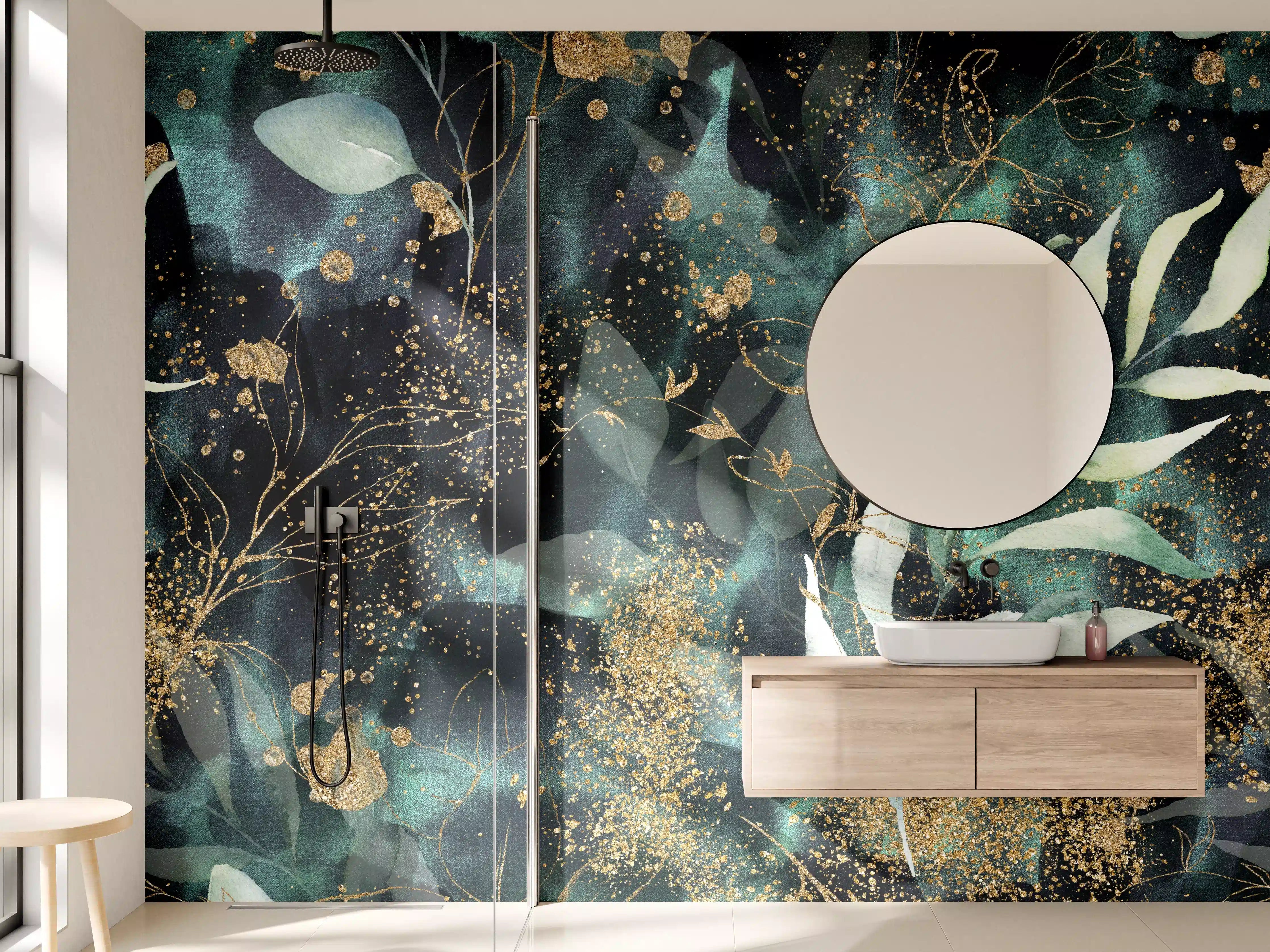 Wandverkleidung Bad - Aquarell - abstrakte Blumen mit gold