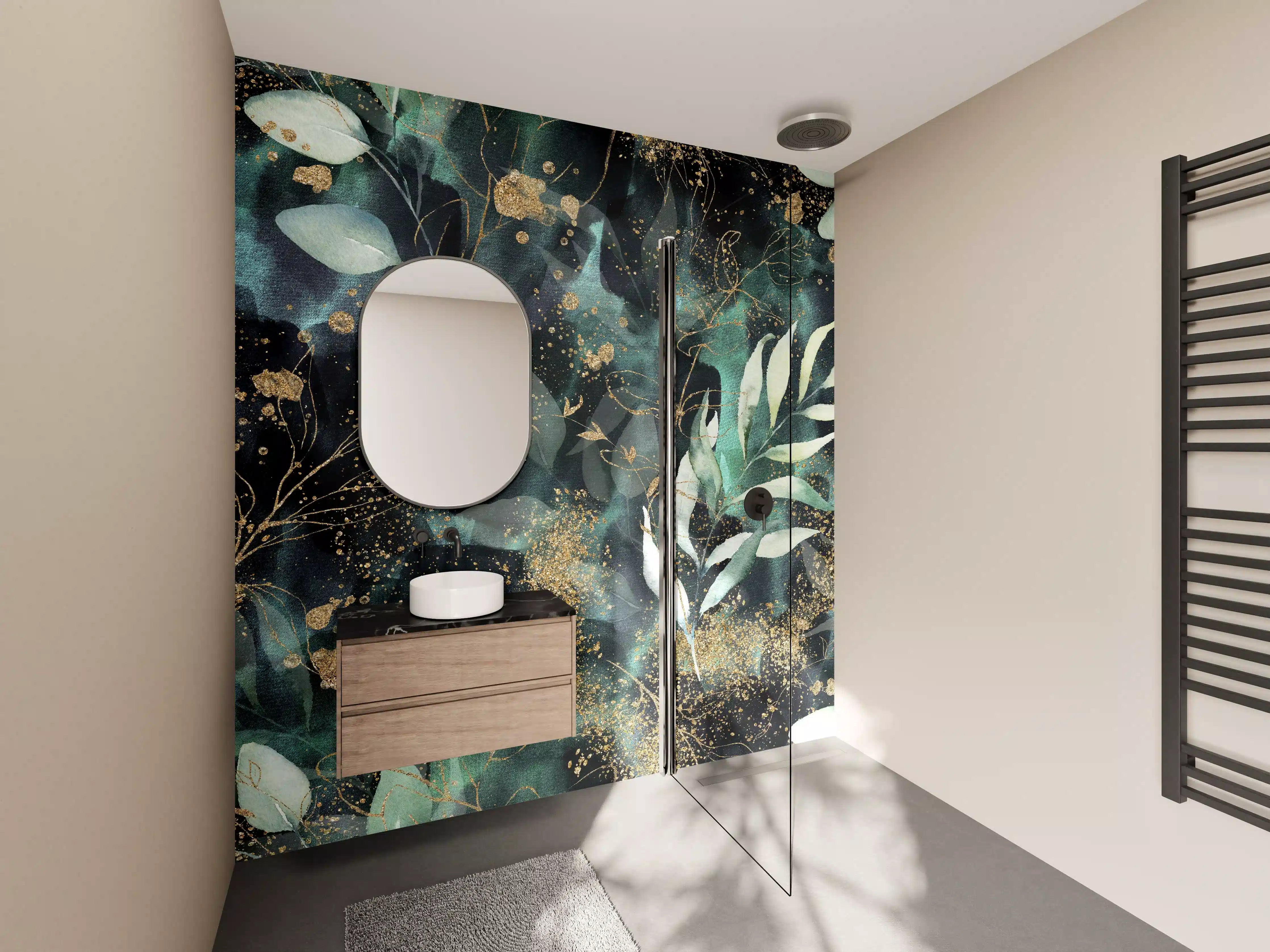 Wandverkleidung Bad - Aquarell - abstrakte Blumen mit gold