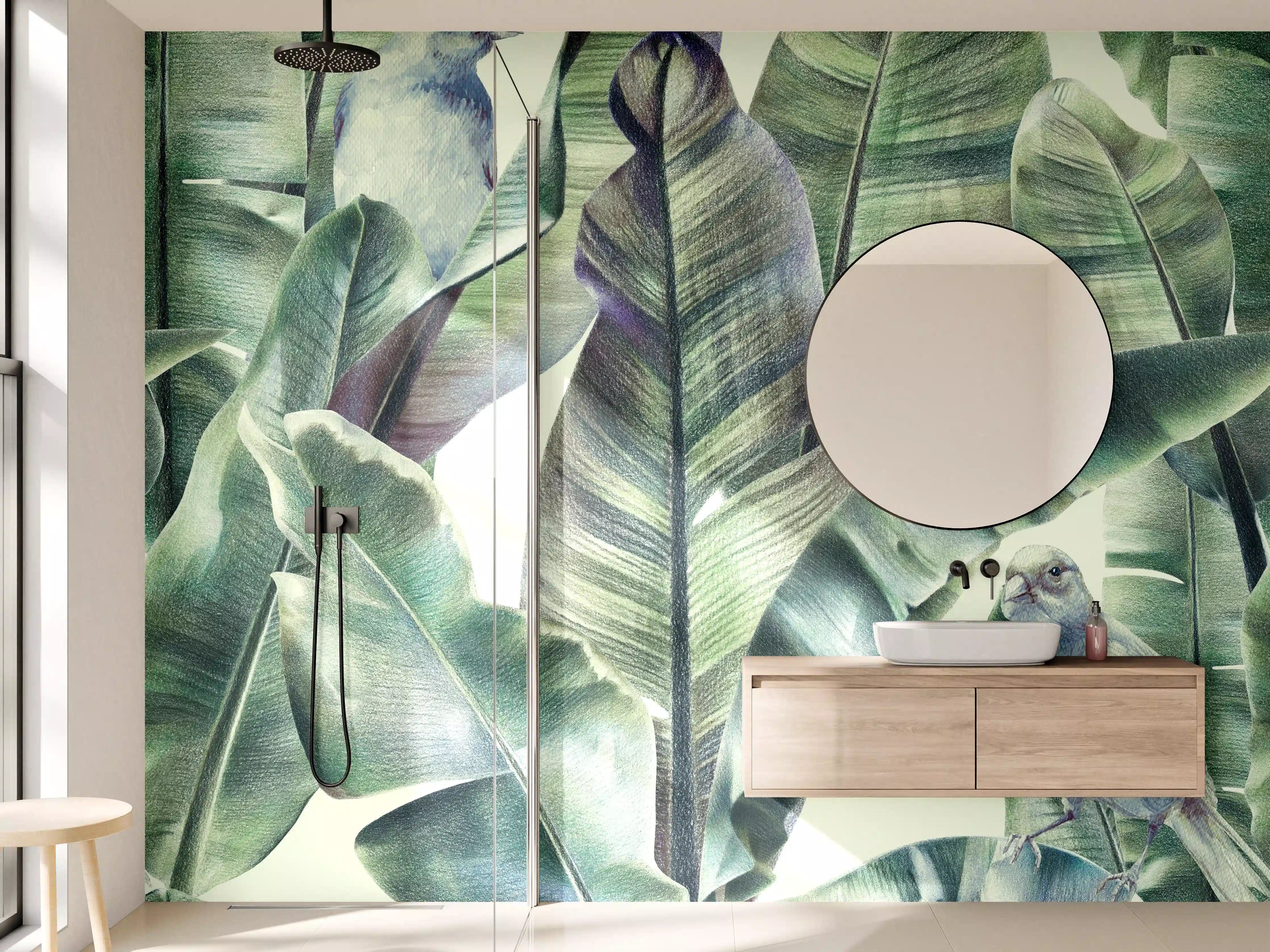 Wandverkleidung Bad - Aquarell - exotischen Vögel auf Bananenblättern
