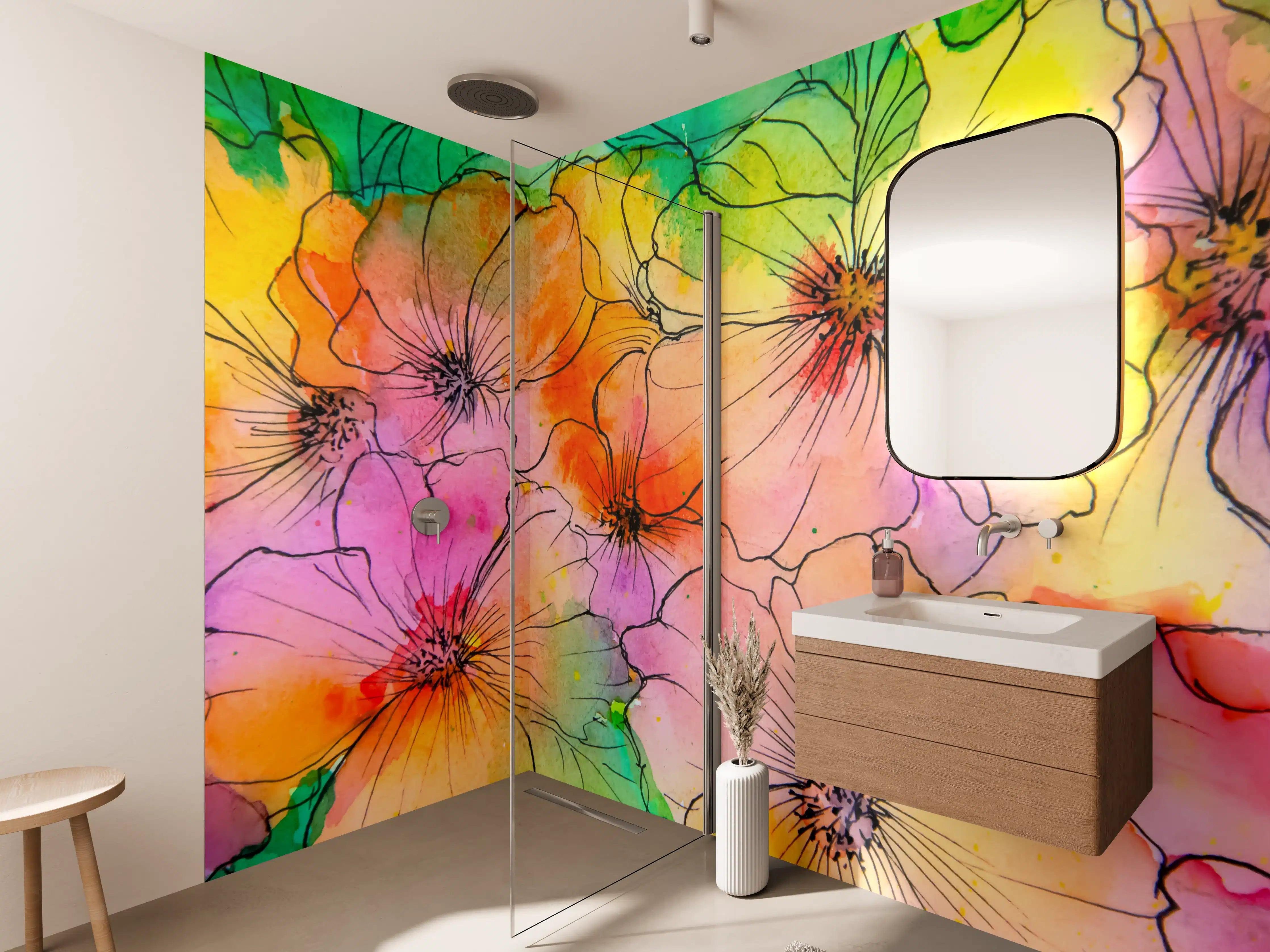 Wandverkleidung Bad - Aquarell Blumen Malerei
