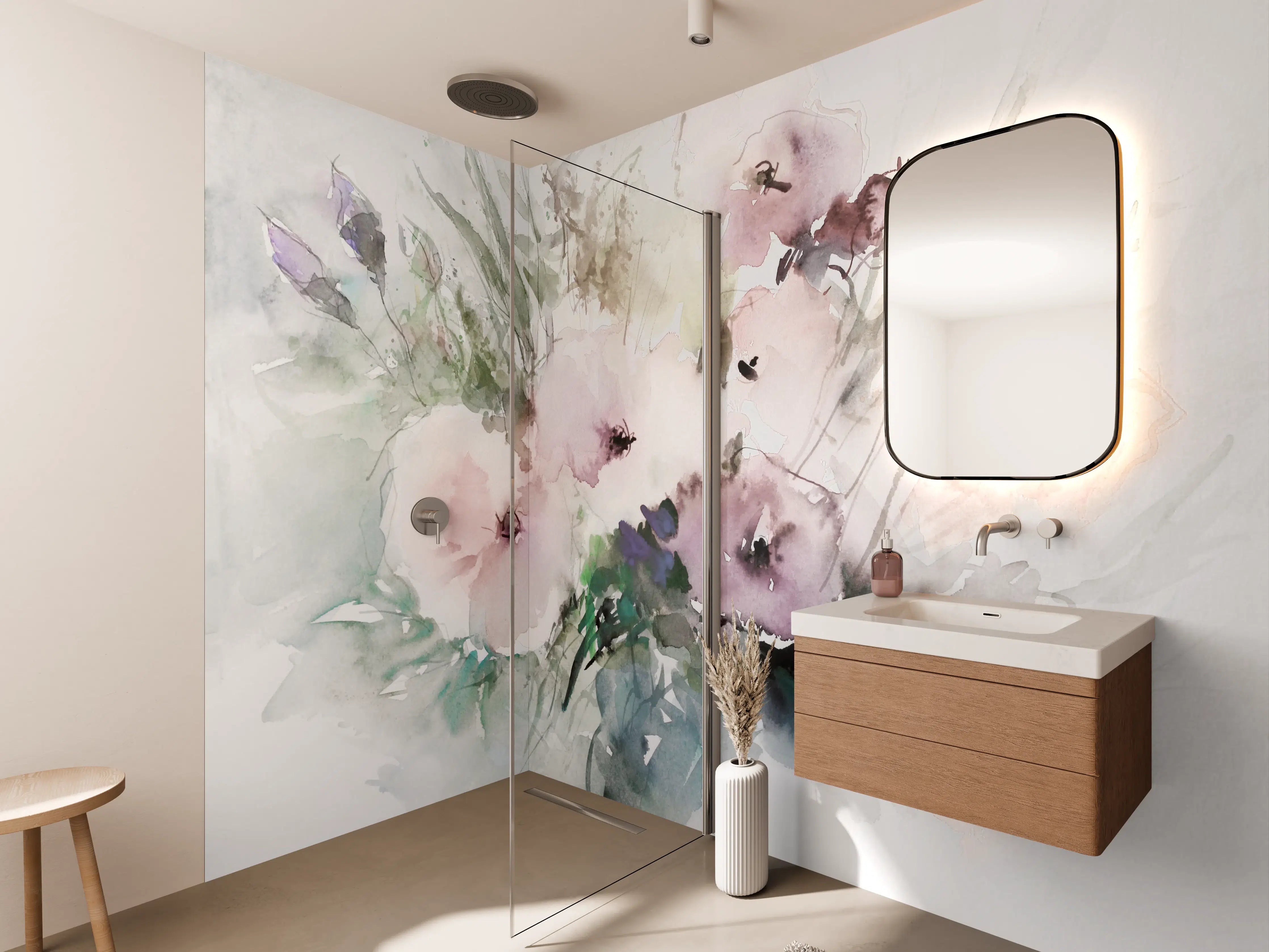 Wandverkleidung Bad - Aquarell Blumen in Pastellfarben