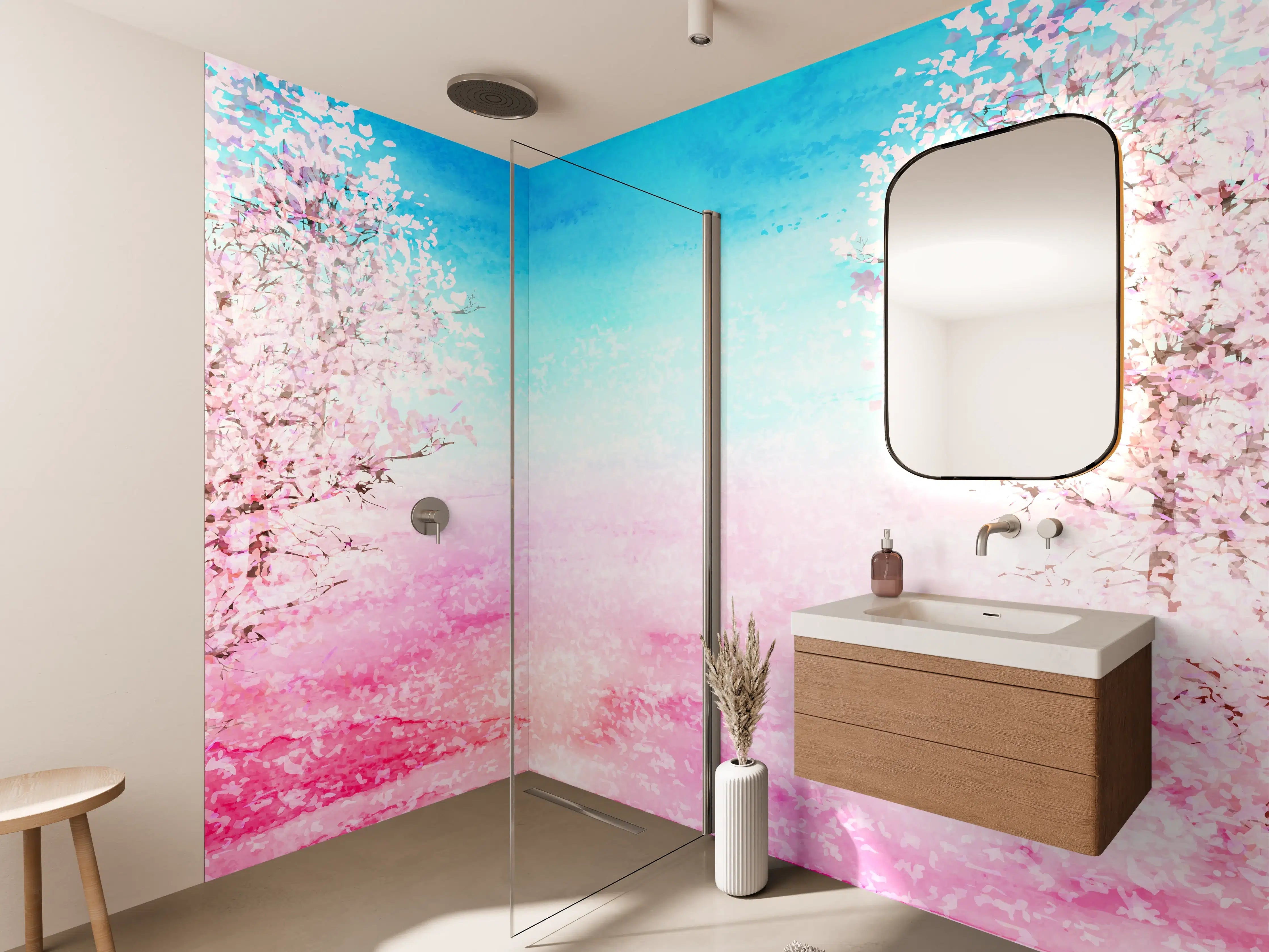Wandverkleidung Bad - Aquarell Frühlingsbaum Rosa