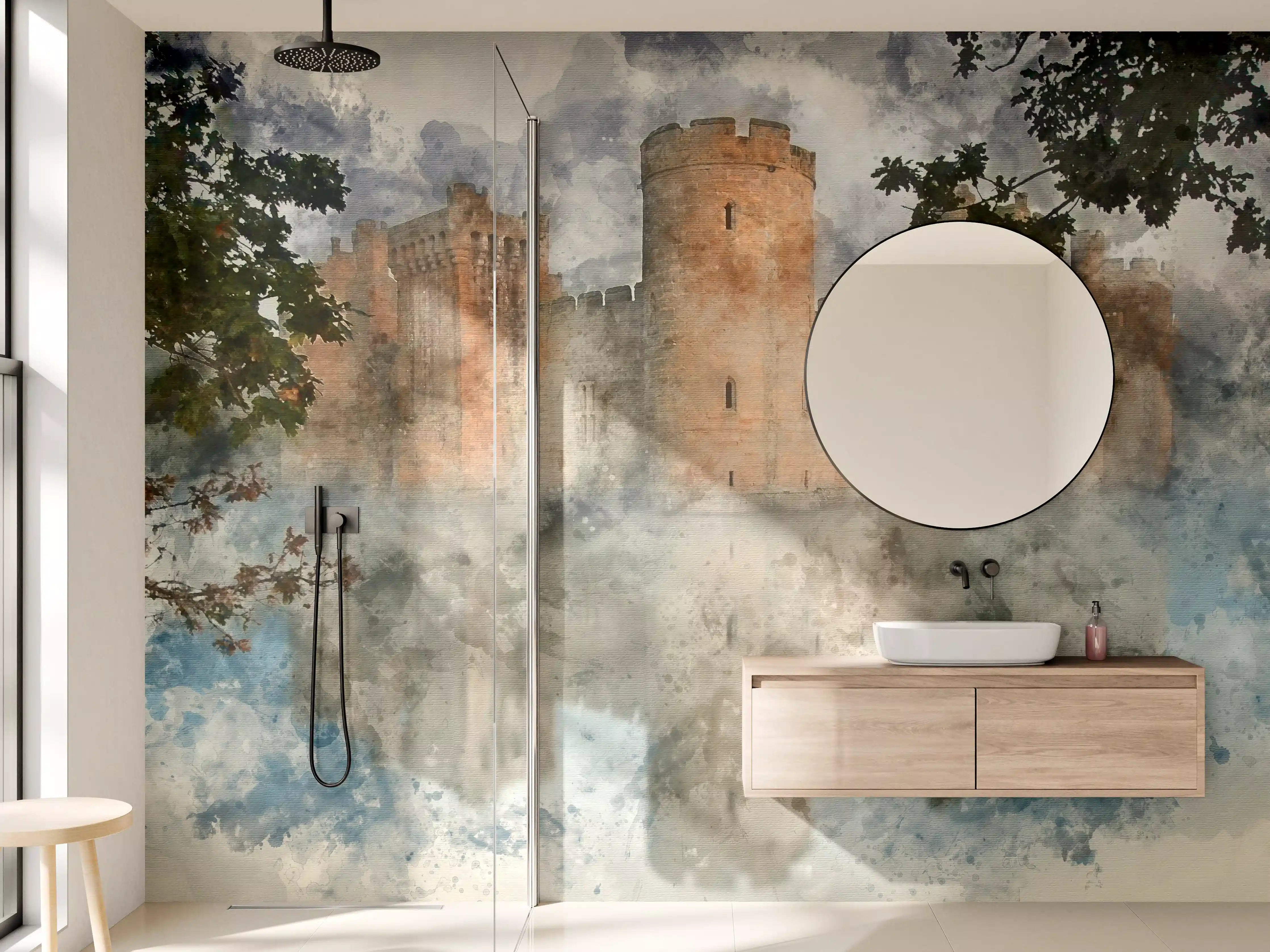 Wandverkleidung Bad - Aquarell einer mittelalterlichen Burg