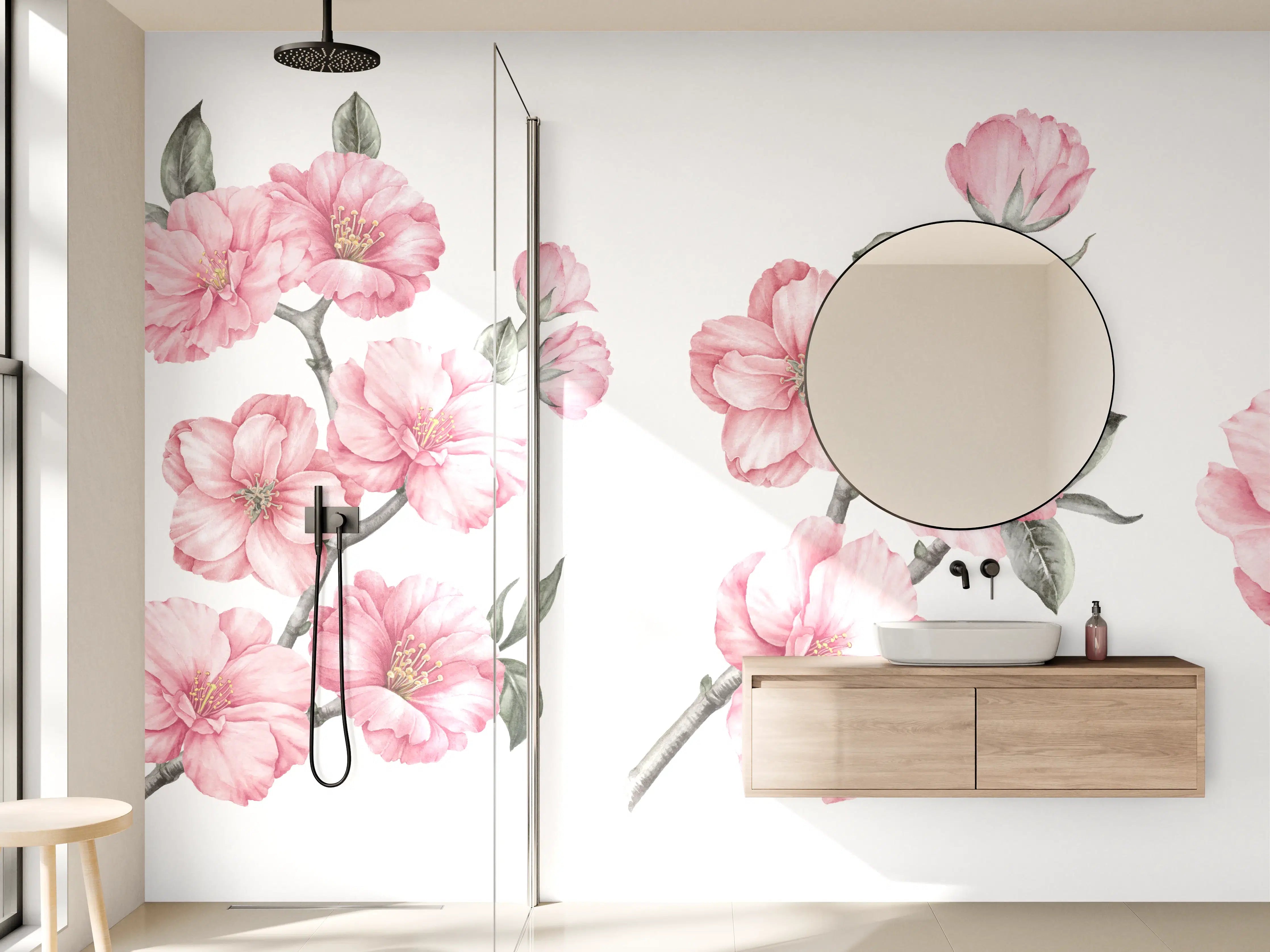 Wandverkleidung Bad - Aquarellelemente von blühenden Sakura