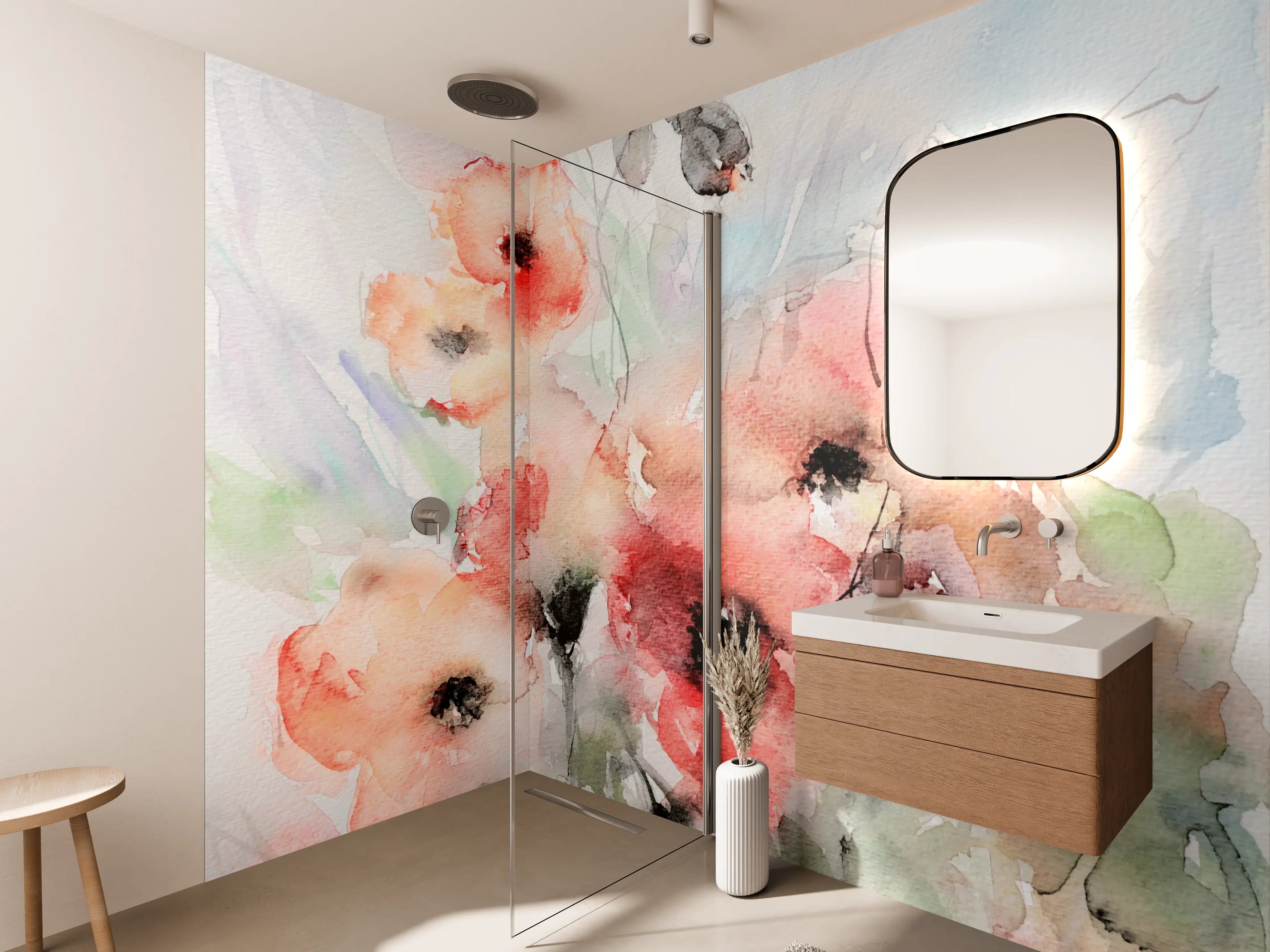 Wandverkleidung Bad - Aquarellierter Blumenstrauß in zarten Pastelltönen