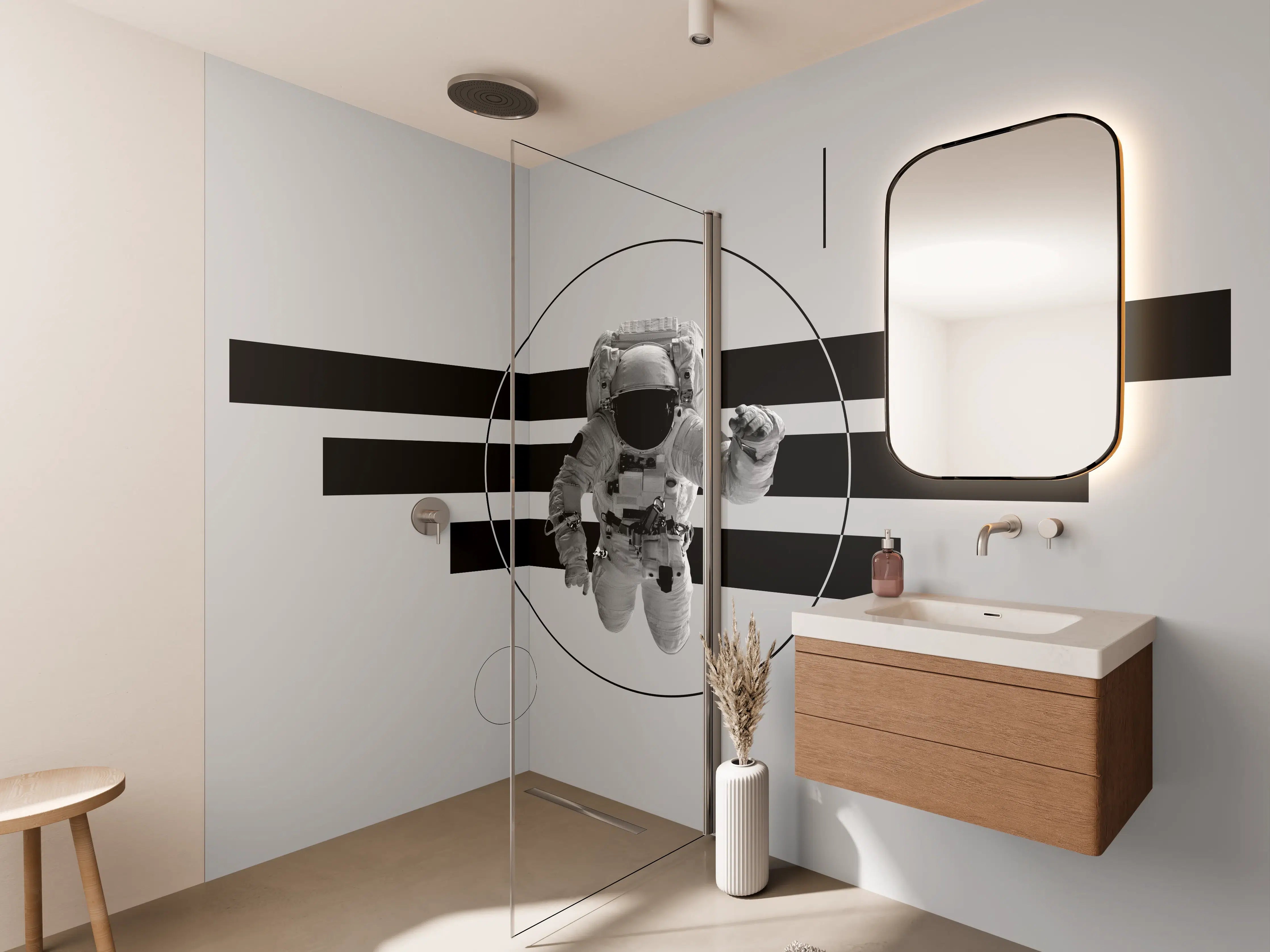 Wandverkleidung Bad - Astronaut im Weltall Grau-Schwarz