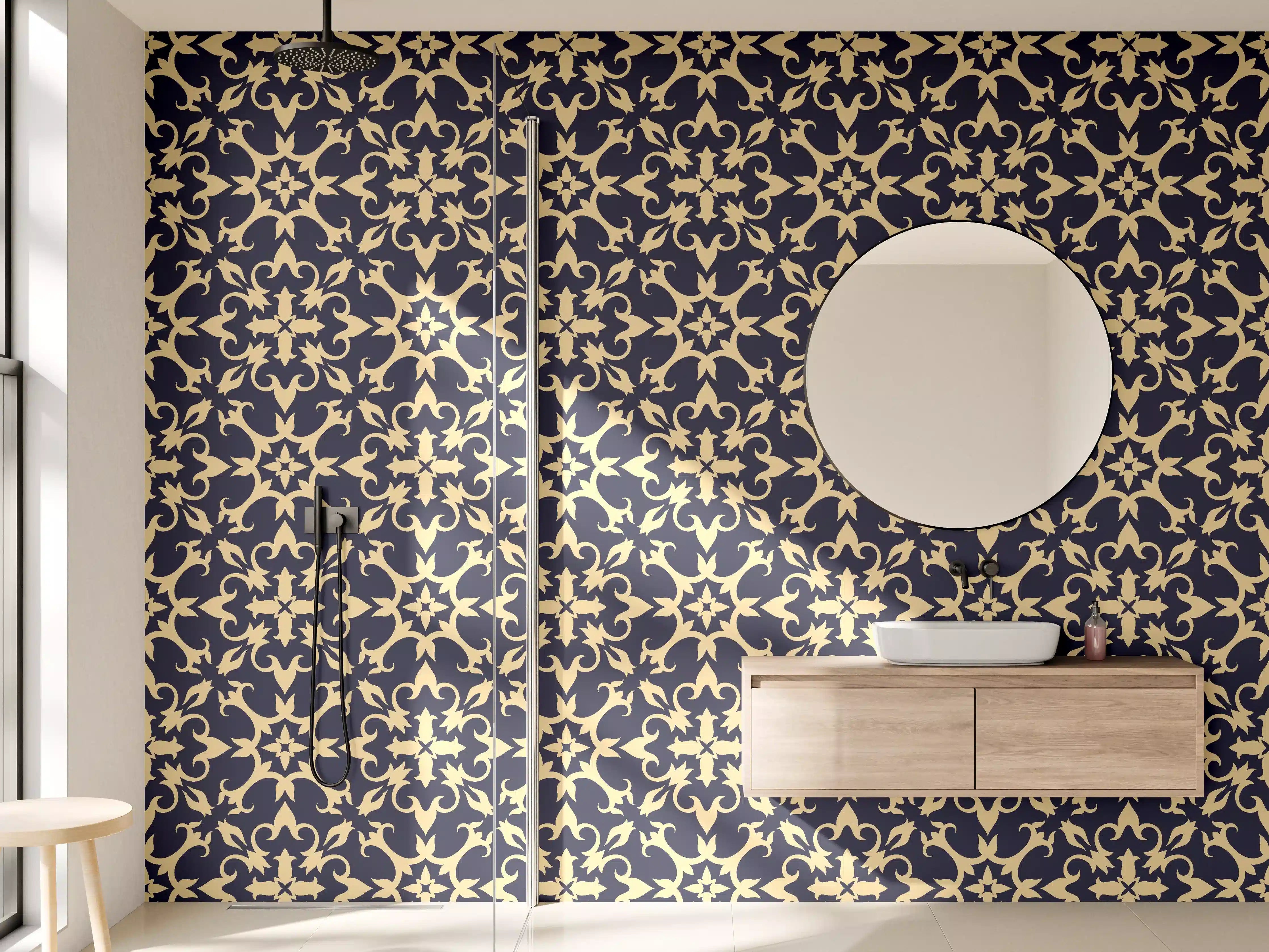 Wandverkleidung Bad - Barockes Blau-Gold Muster