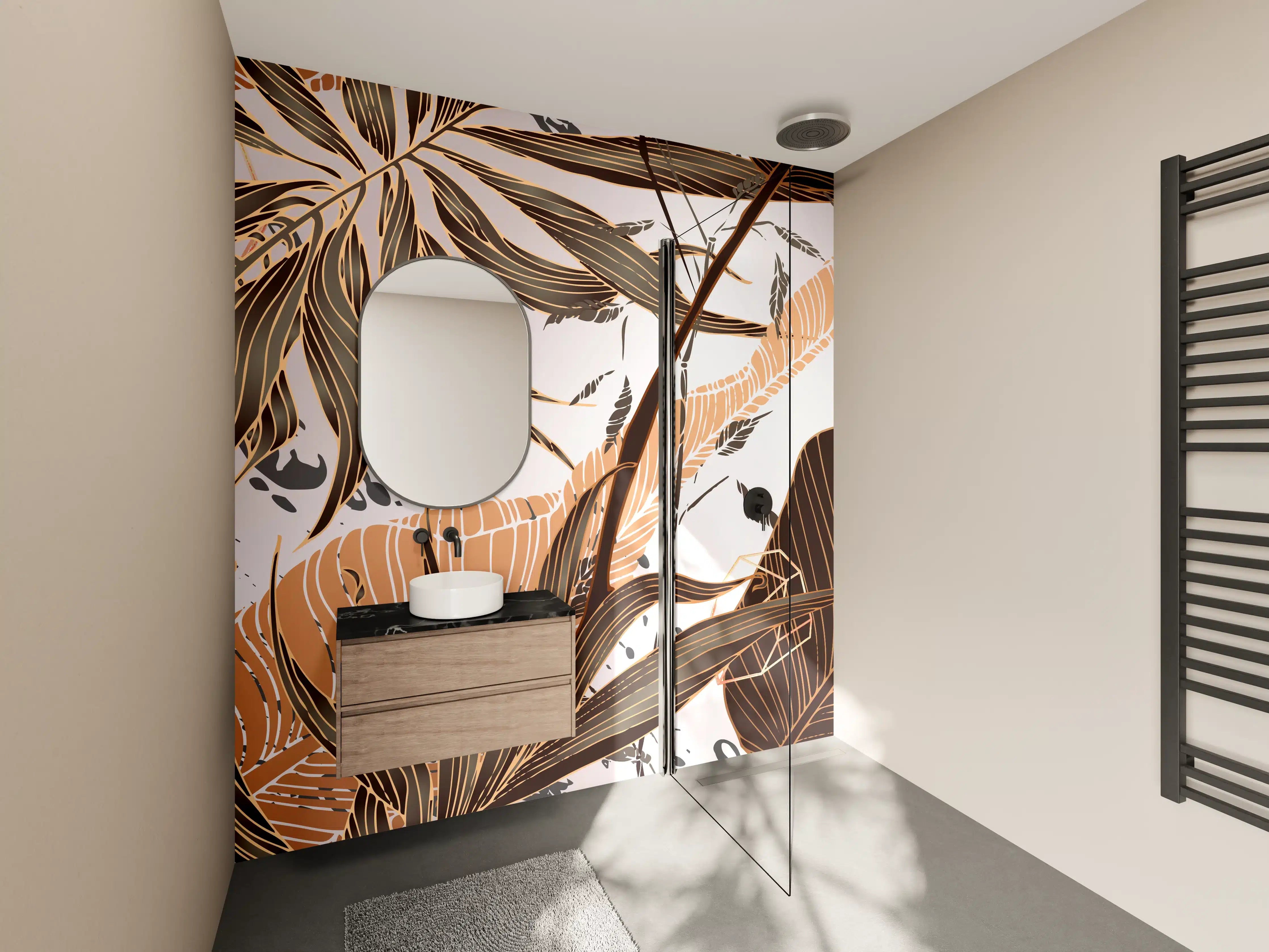 Wandverkleidung Bad - Beige Blattmuster Tapete