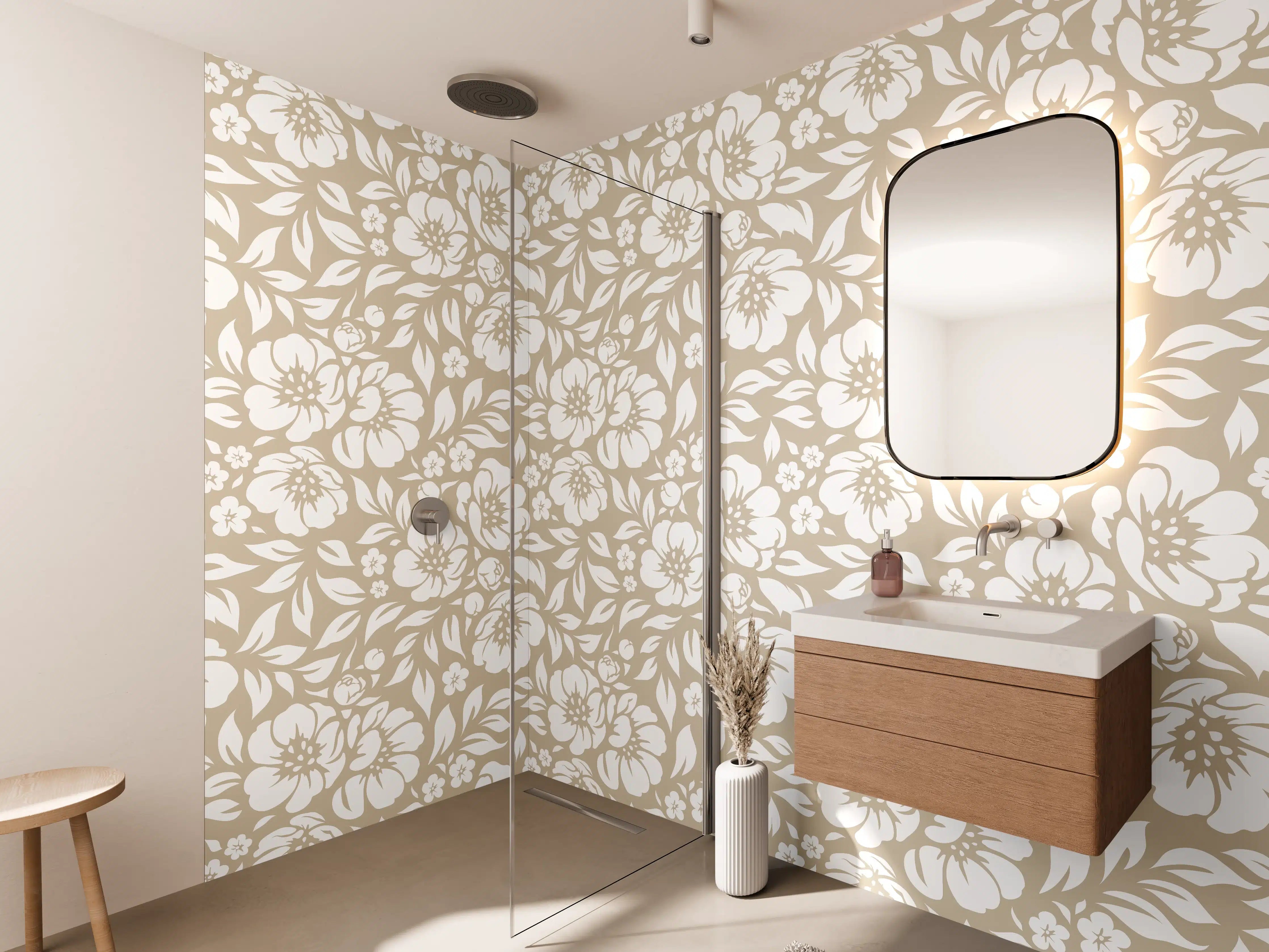 Wandverkleidung Bad - Beige Blumenmuster mit weißen Blüten