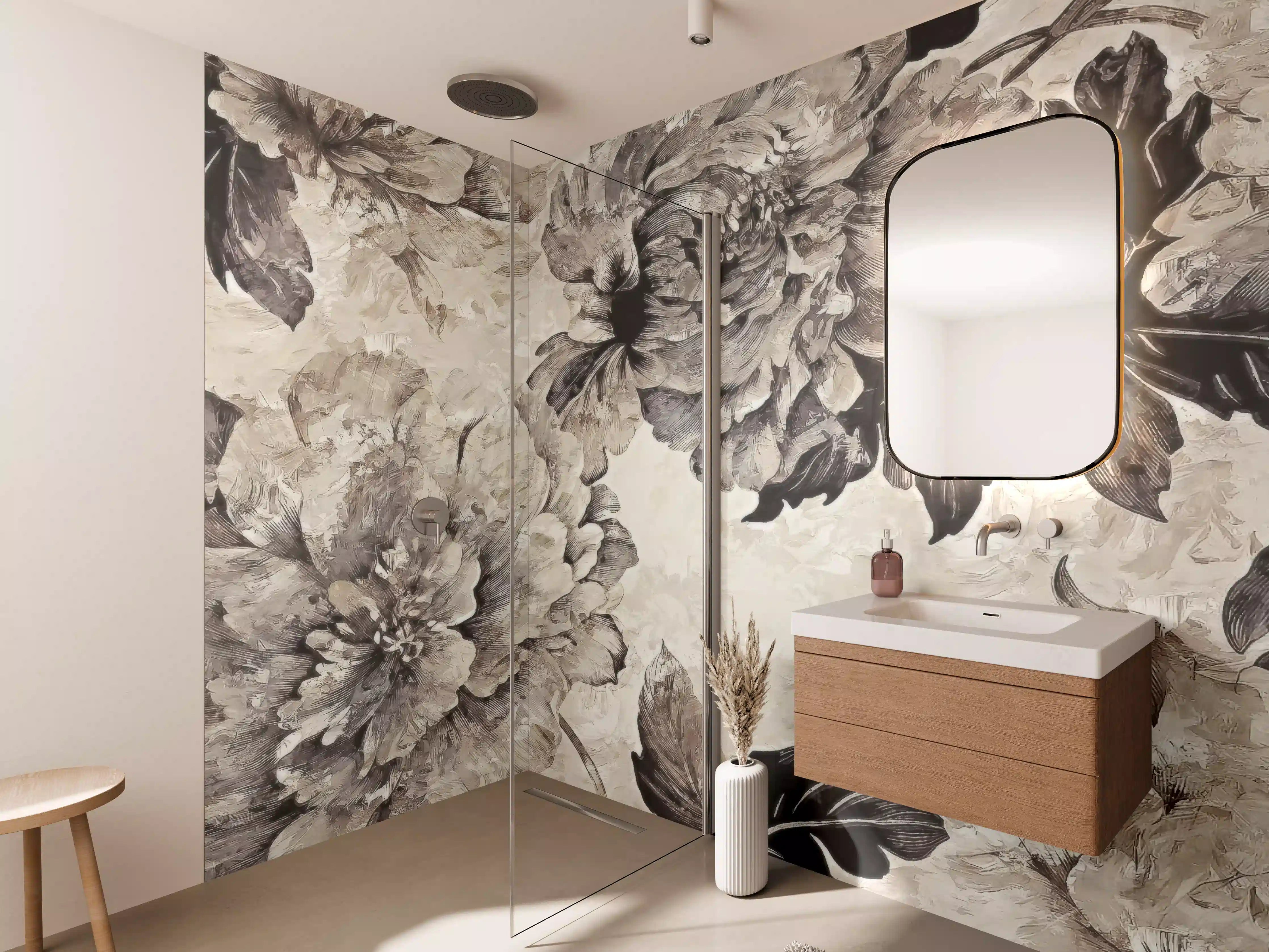Wandverkleidung Bad - Beige Blumenpanorama Kunstwerk