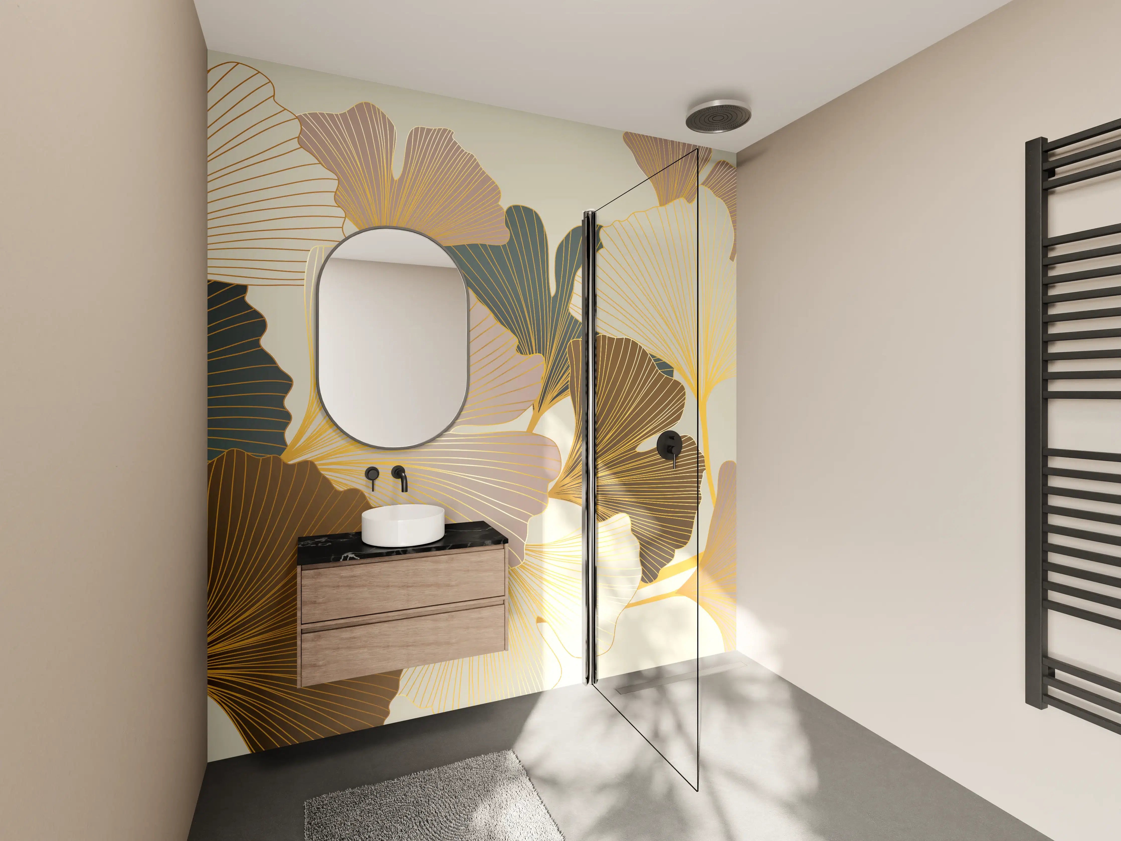 Wandverkleidung Bad - Beige Ginkgo Blattmuster Tapete