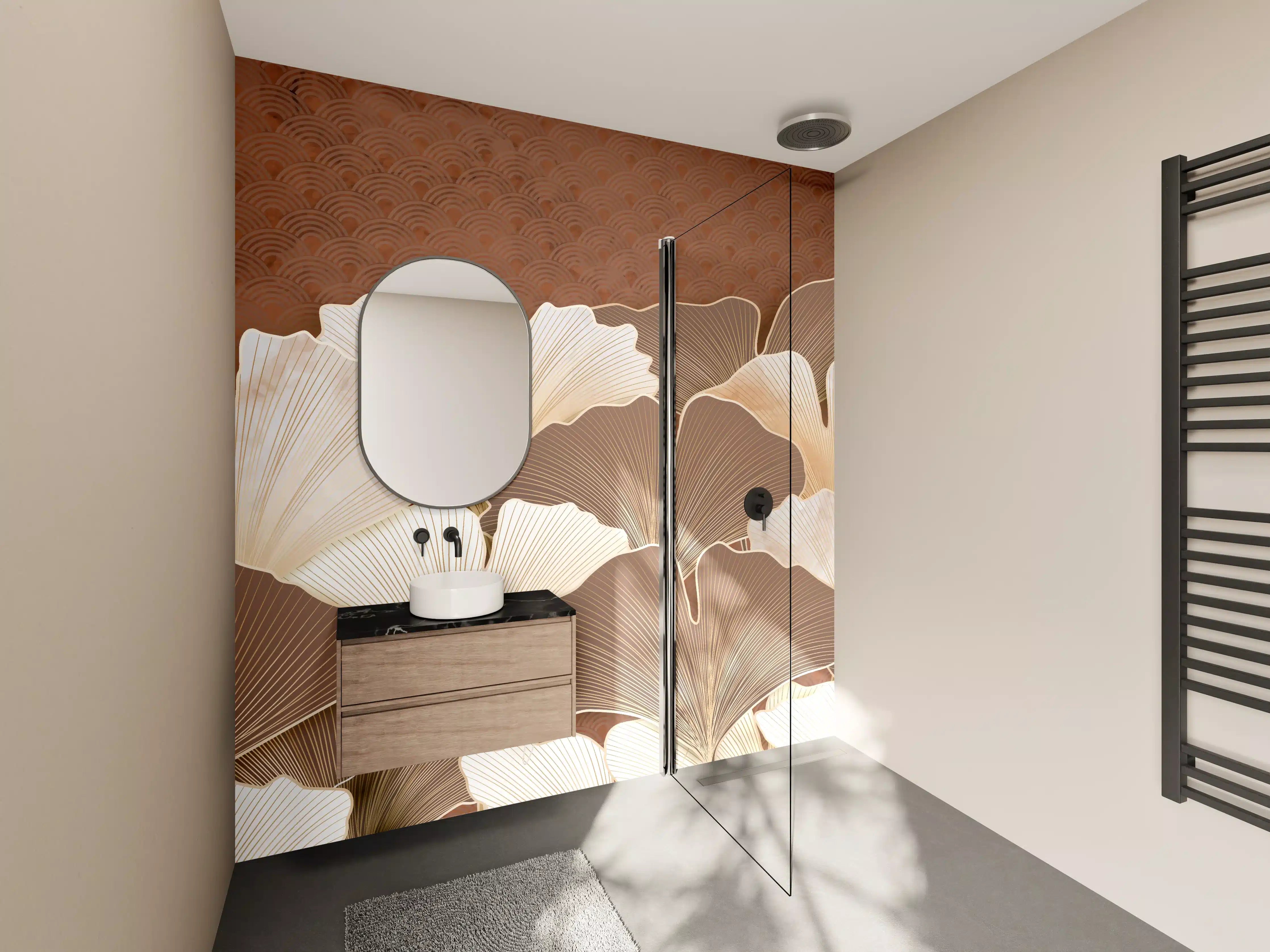 Wandverkleidung Bad - Beige Ginkgo Blattmuster