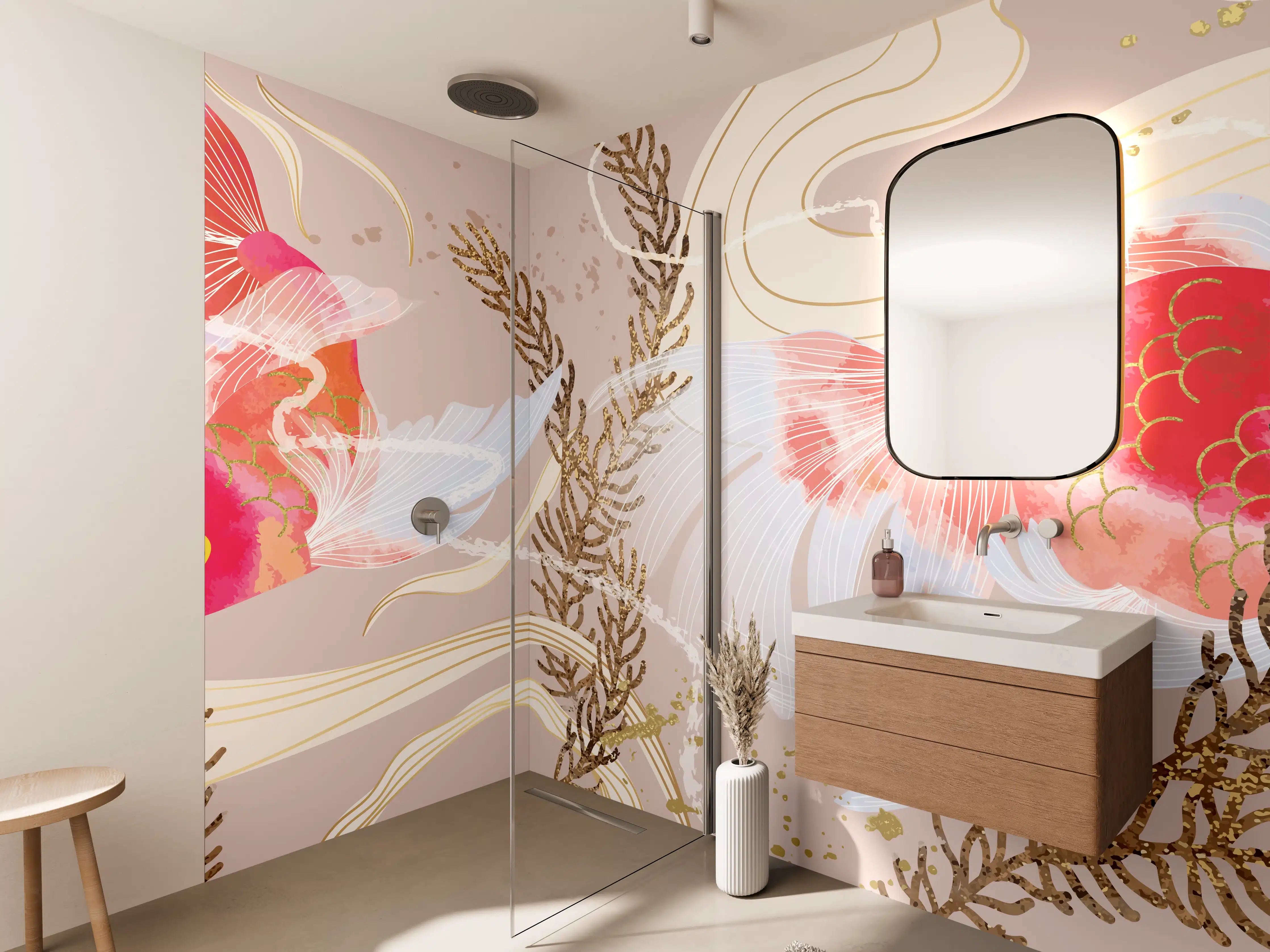 Wandverkleidung Bad - Beige Koi-Kunstdruck