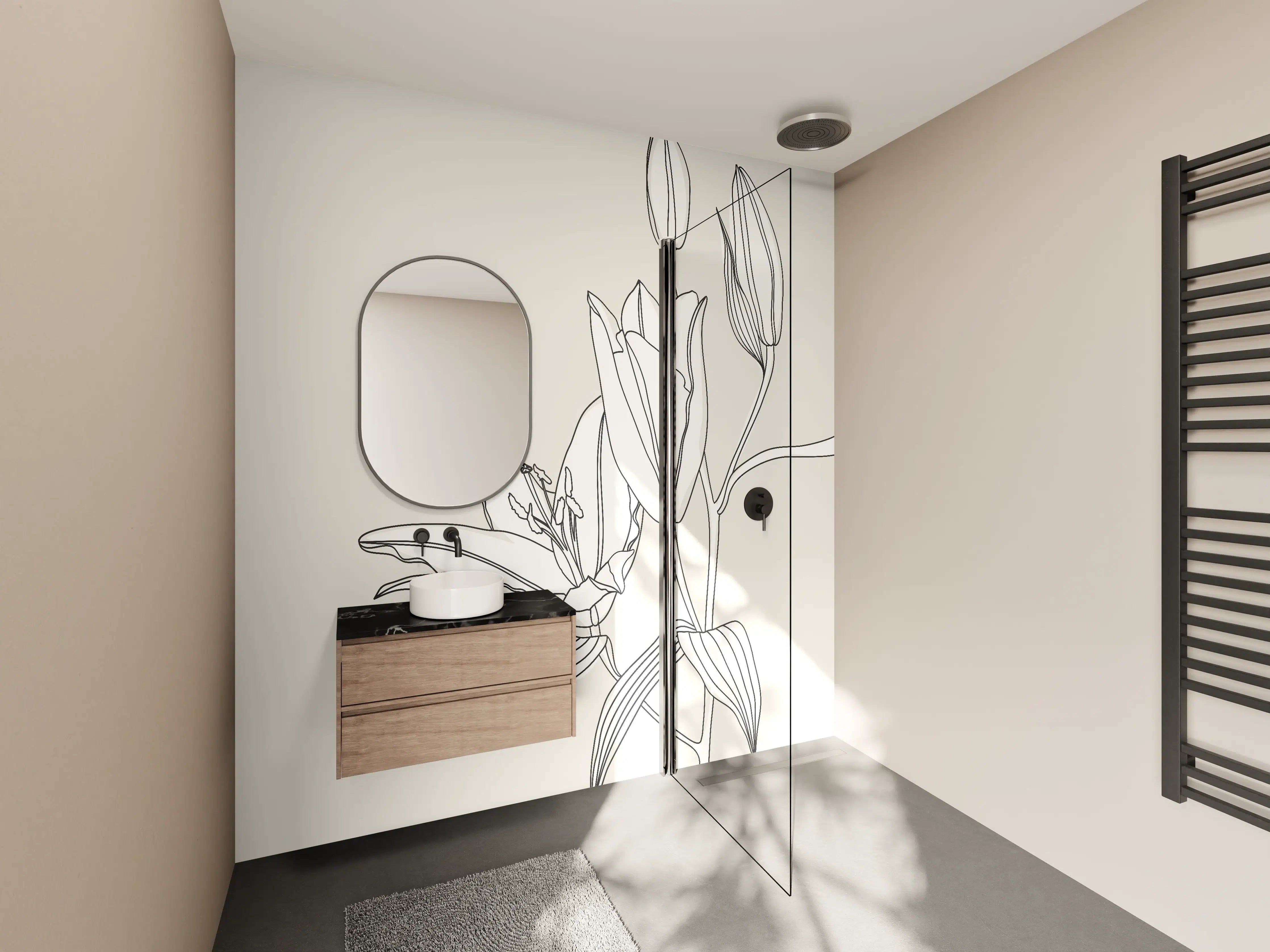 Wandverkleidung Bad - Beige Lilien Linienkunst