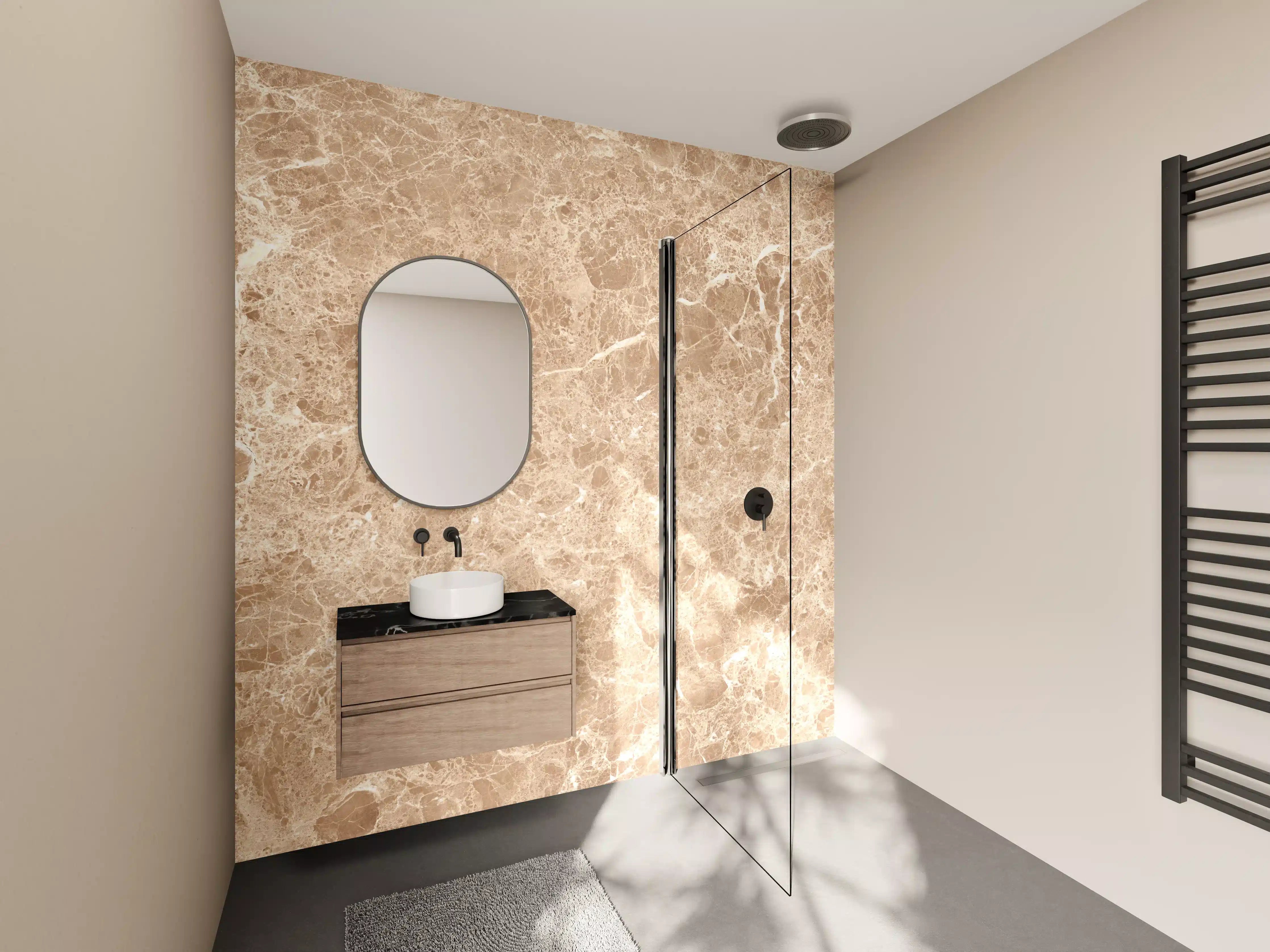 Wandverkleidung Bad - Beige Marmorstruktur mit hellen Akzenten