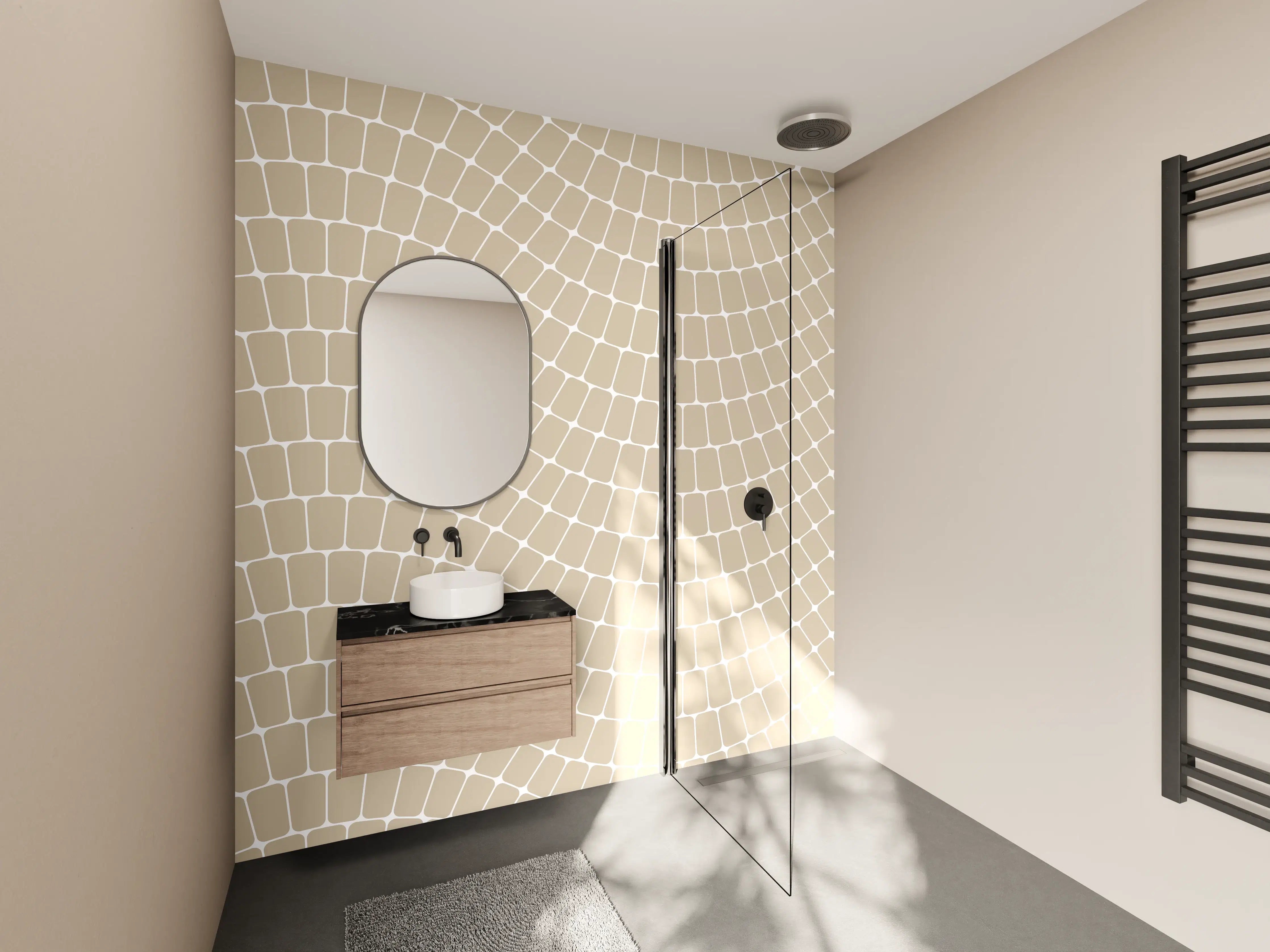 Wandverkleidung Bad - Beige Mosaikfliesen mit geschwungenem Muster