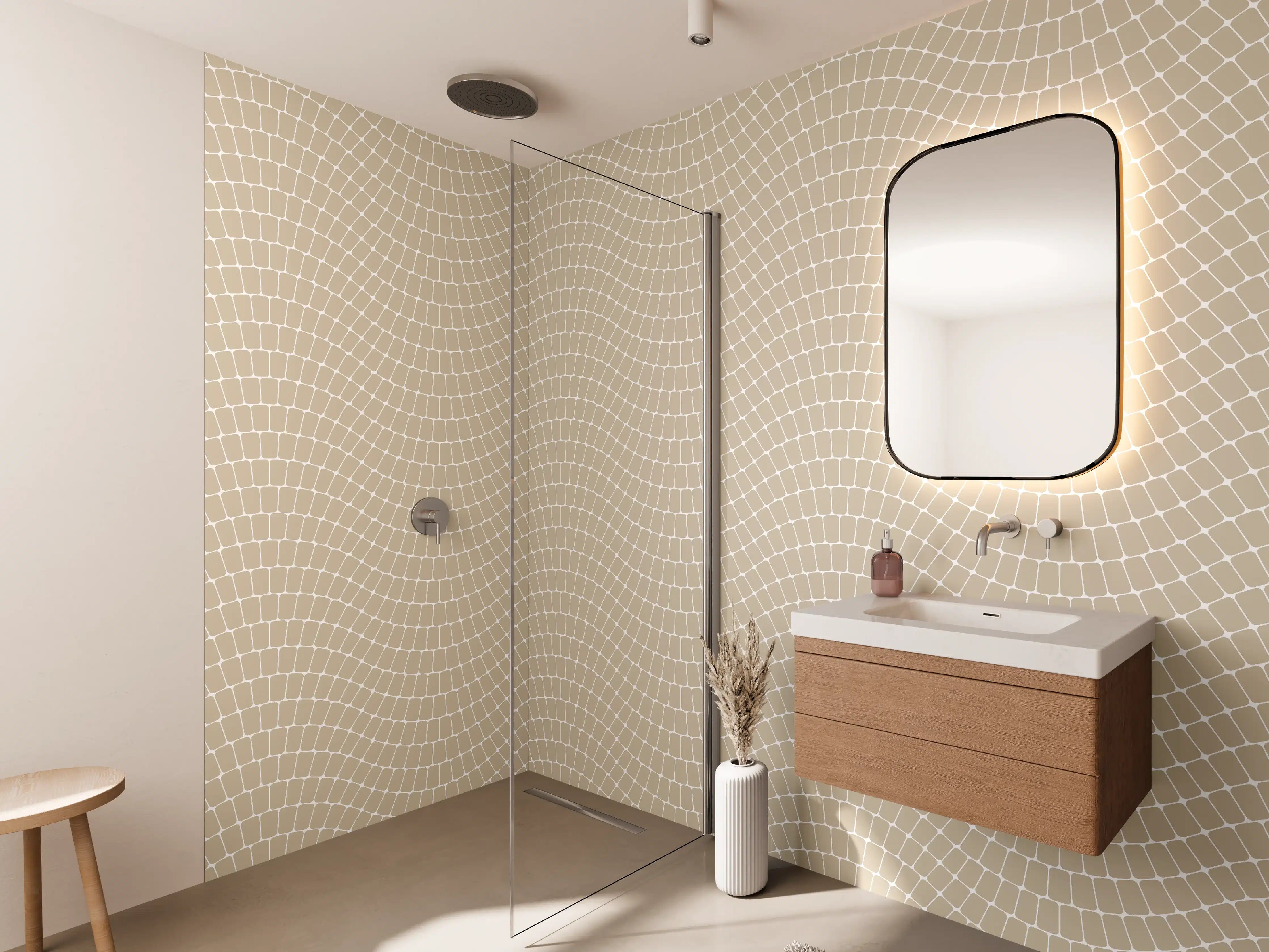 Wandverkleidung Bad - Beige Mosaikmuster mit zarten Wellenbewegungen