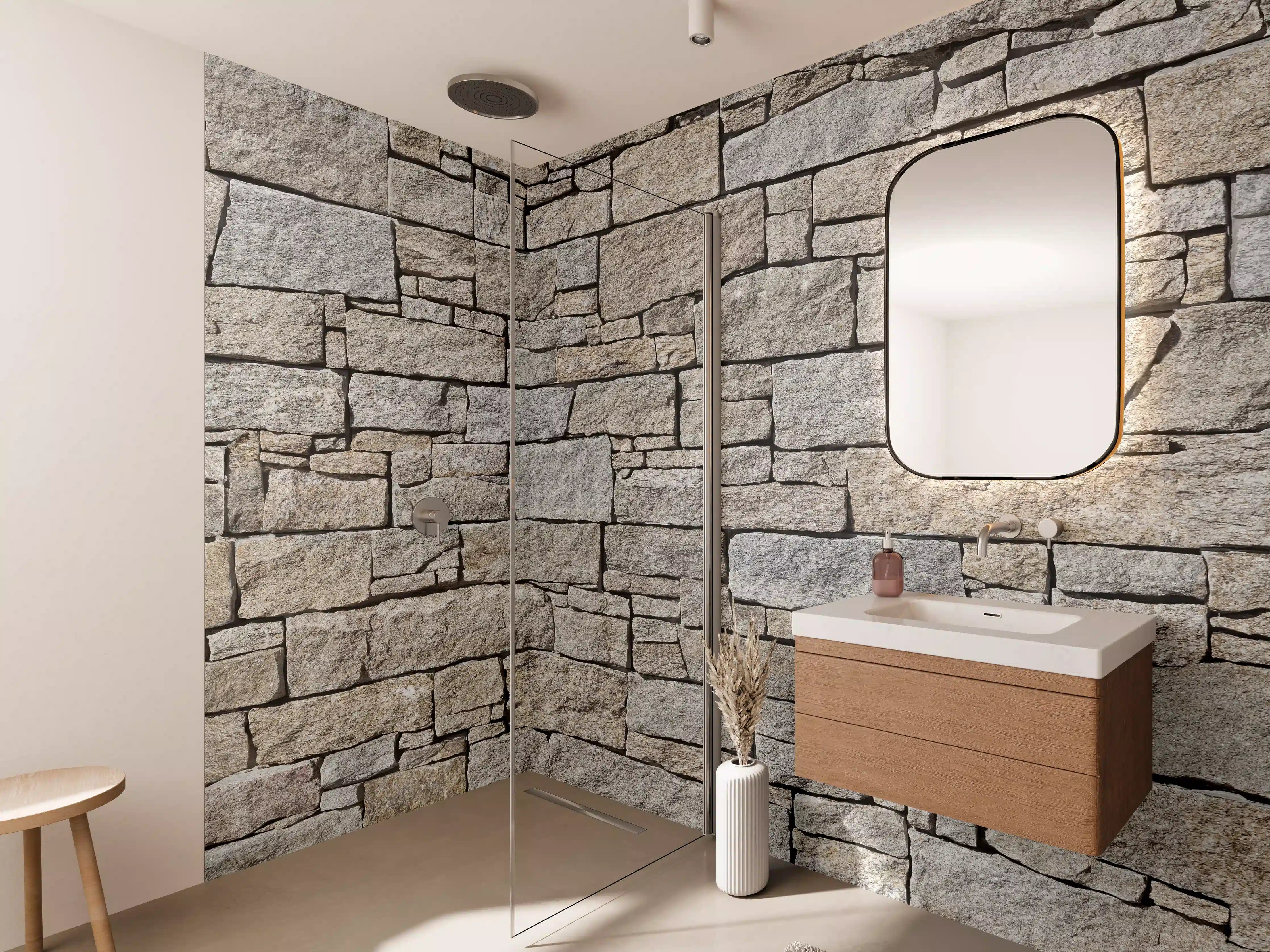 Wandverkleidung Bad - Beige Natursteinmauer Struktur