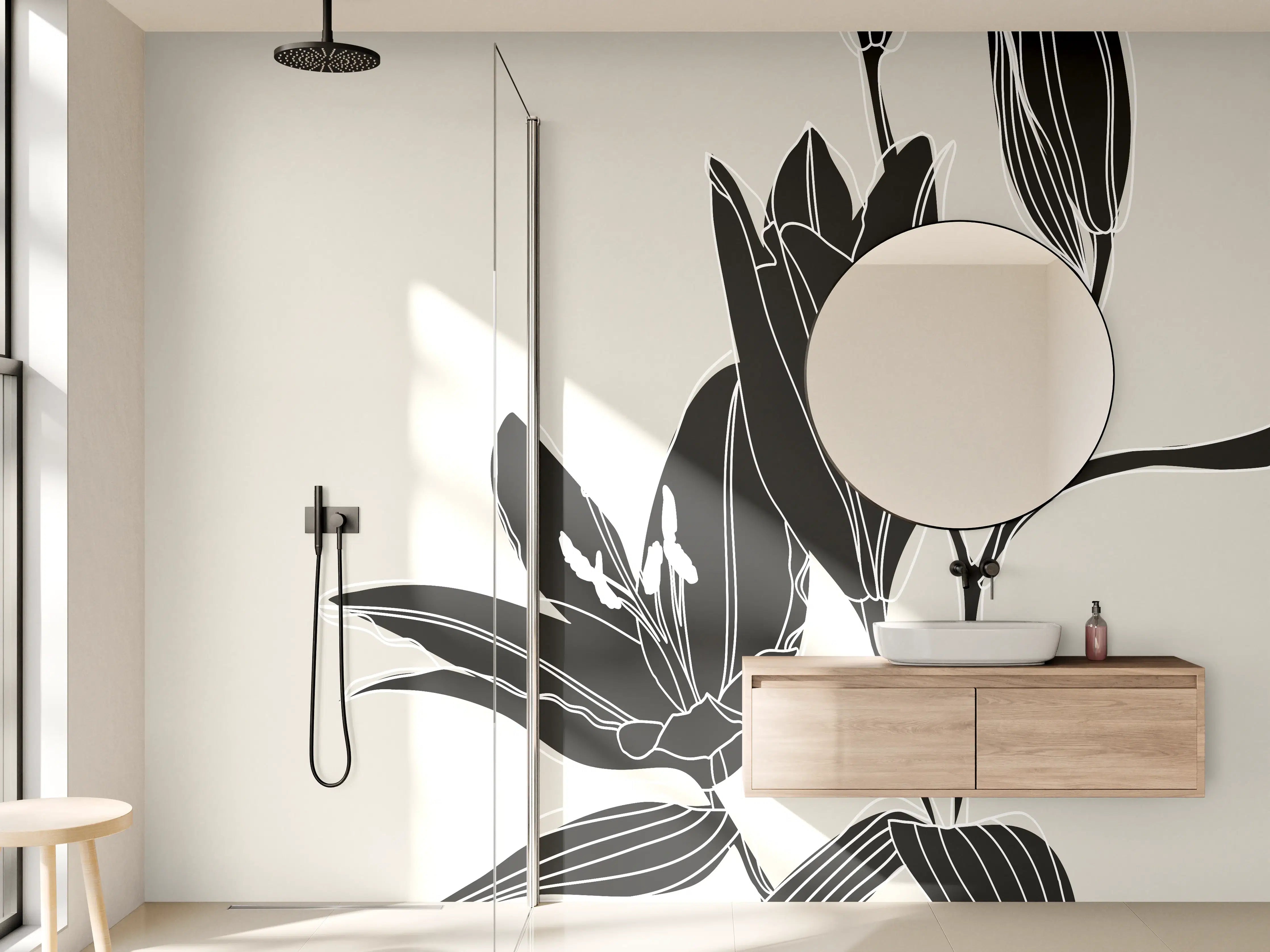 Wandverkleidung Bad - Beige Schwarze Lilien Lineart