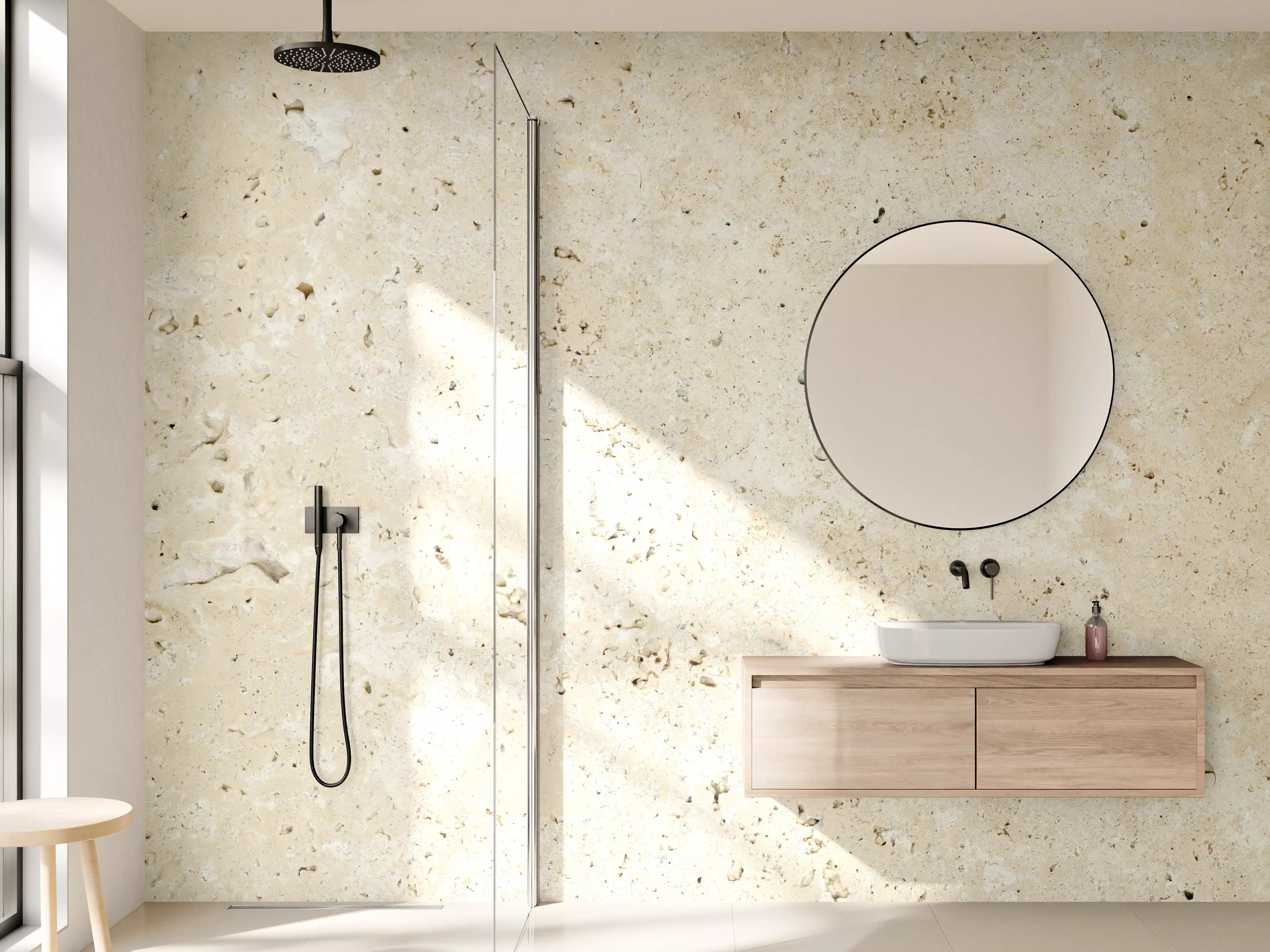 Wandverkleidung Bad - Beige Steinmauer mit natürlicher Struktur