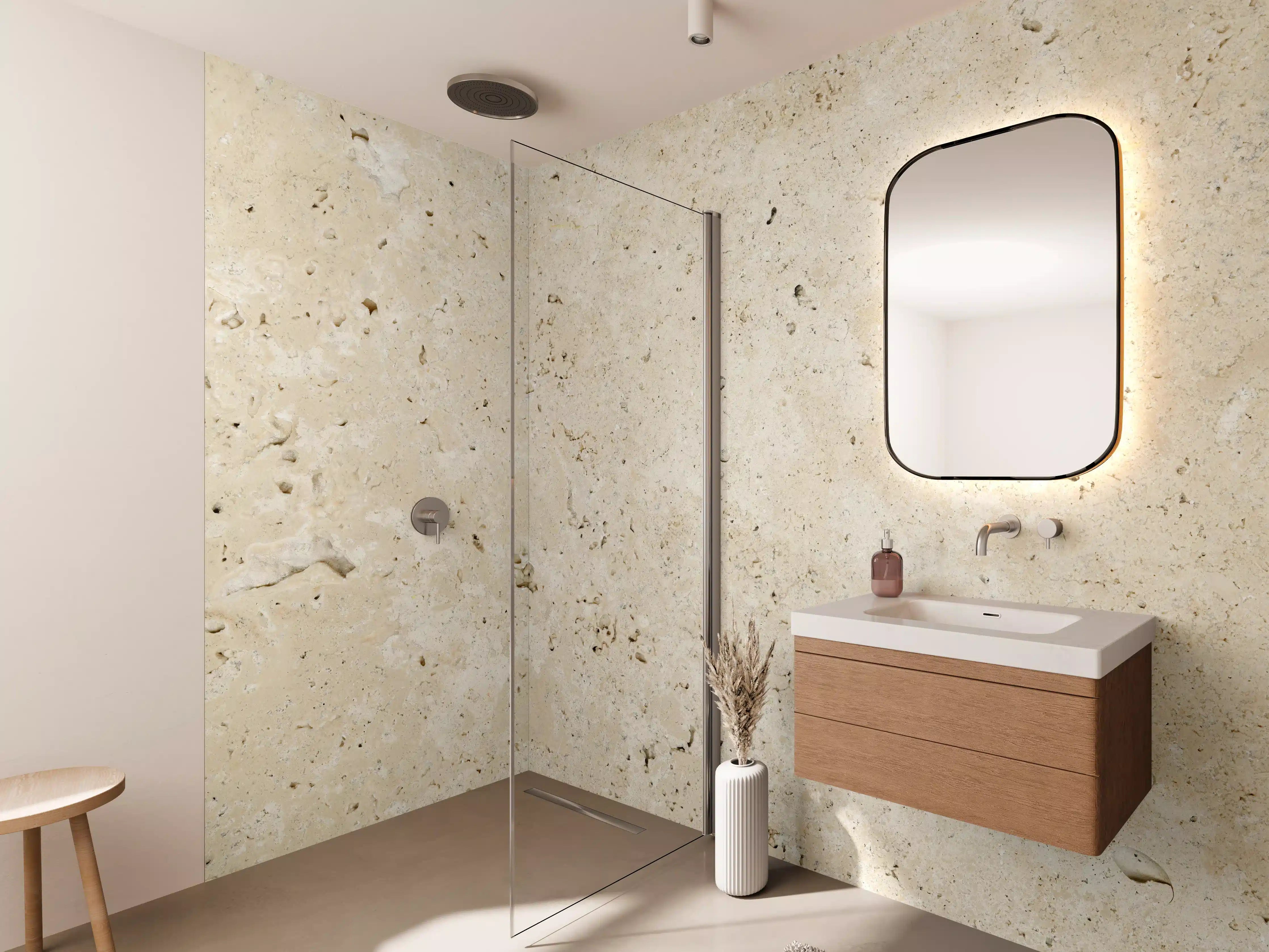 Wandverkleidung Bad - Beige Steinmauer mit natürlicher Struktur