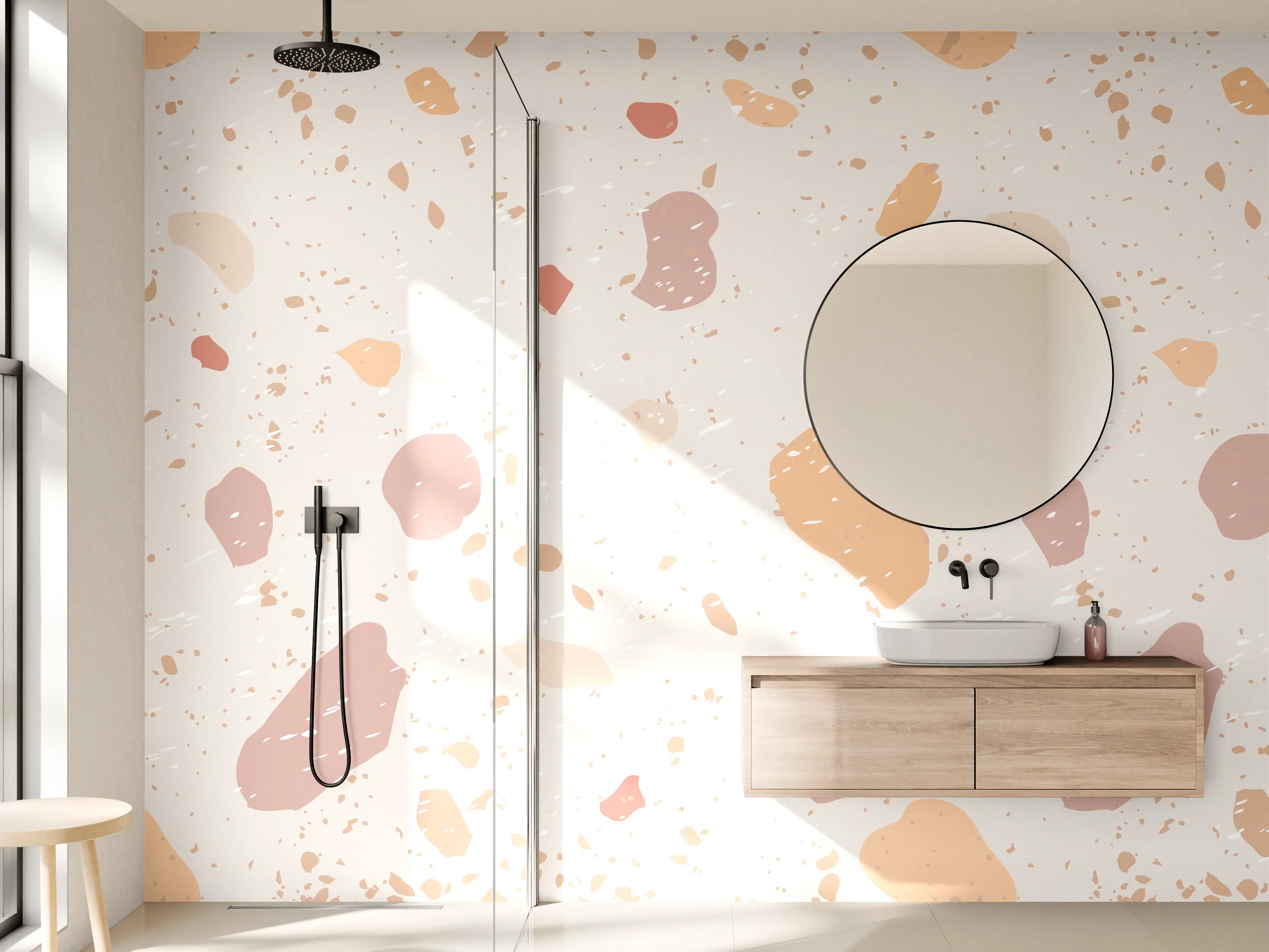 Wandverkleidung Bad - Beige Terrazzo-Design mit Pastellakzenten