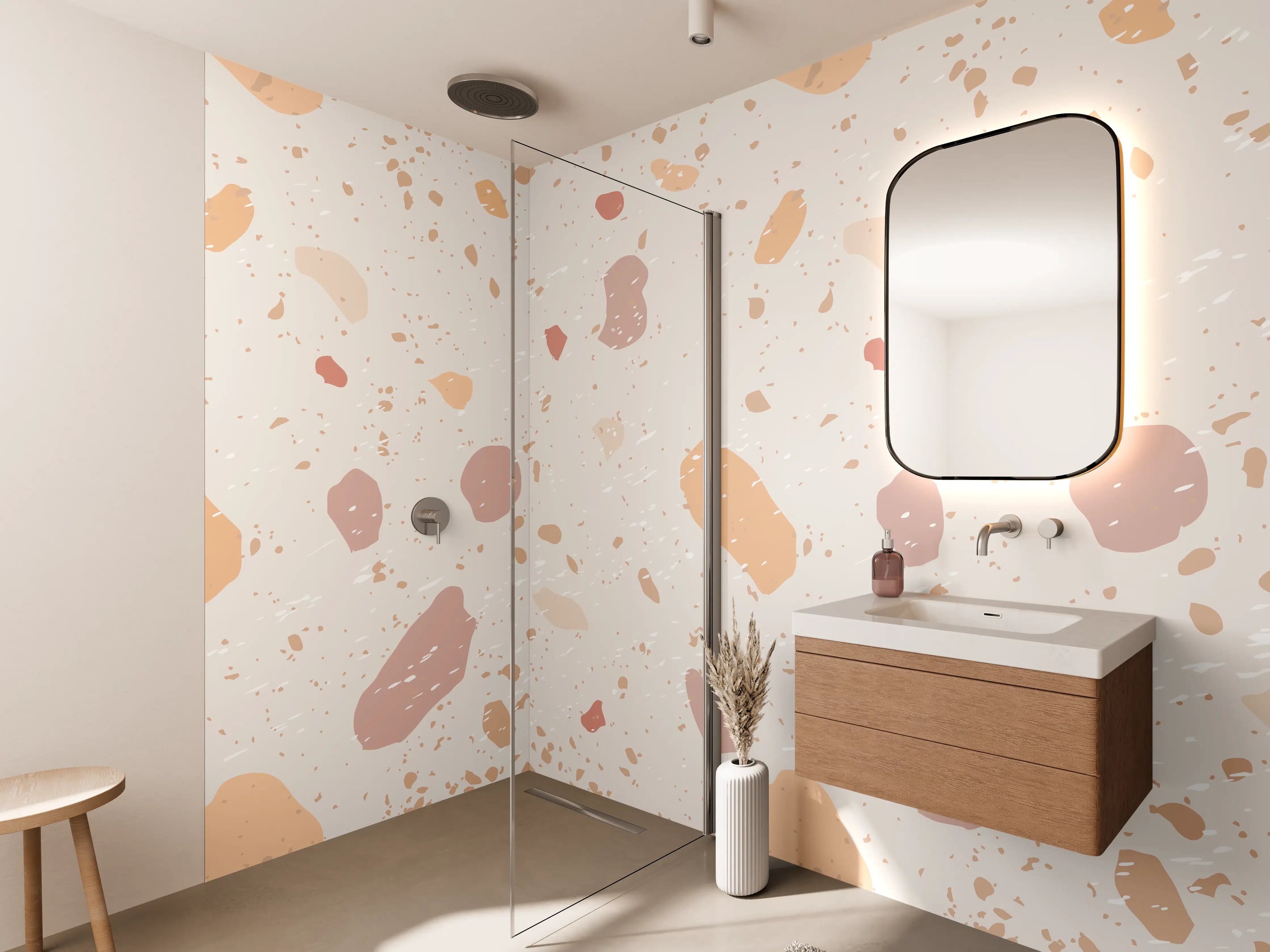 Wandverkleidung Bad - Beige Terrazzo-Design mit Pastellakzenten