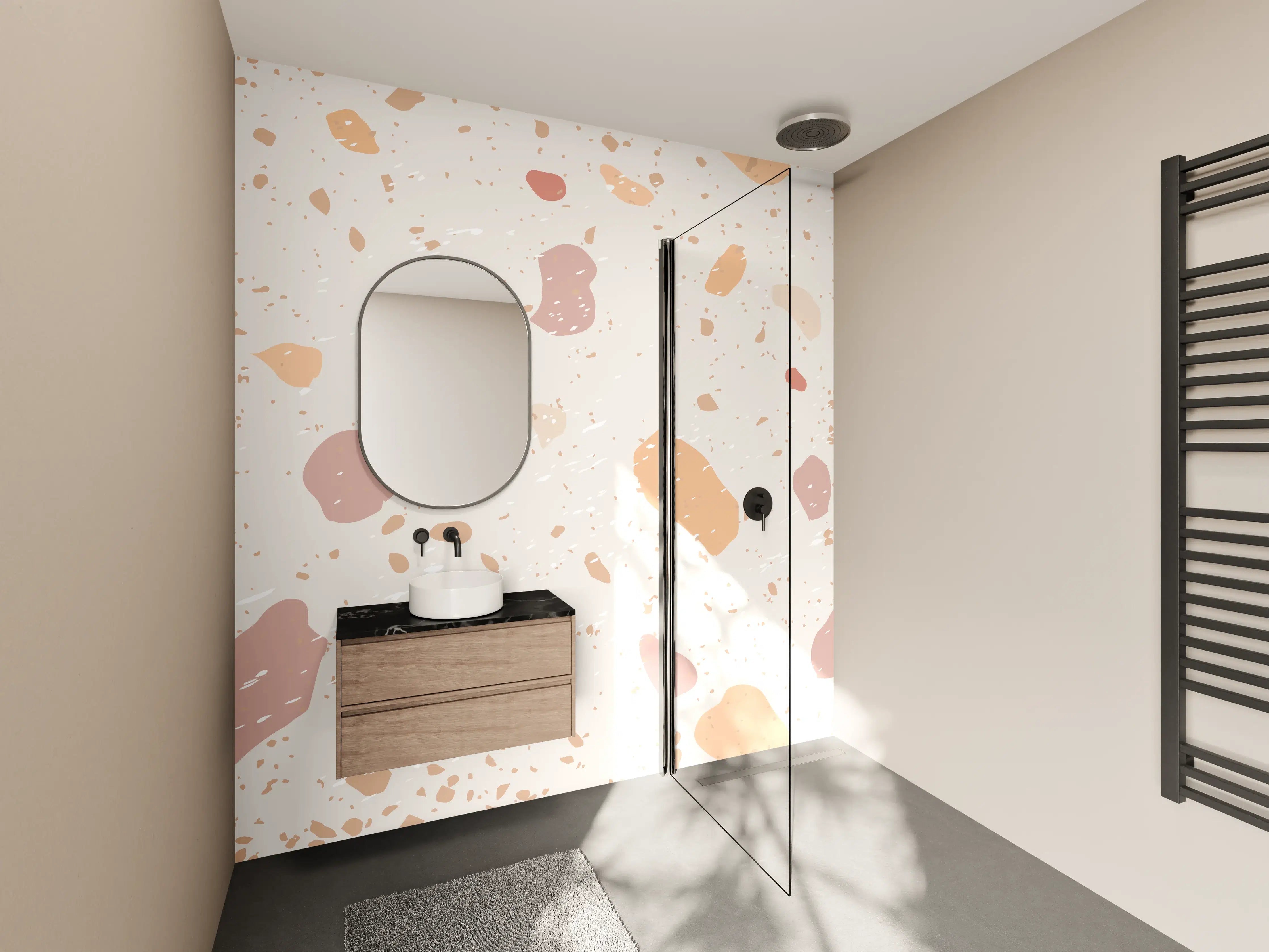 Wandverkleidung Bad - Beige Terrazzo-Design mit Pastellakzenten