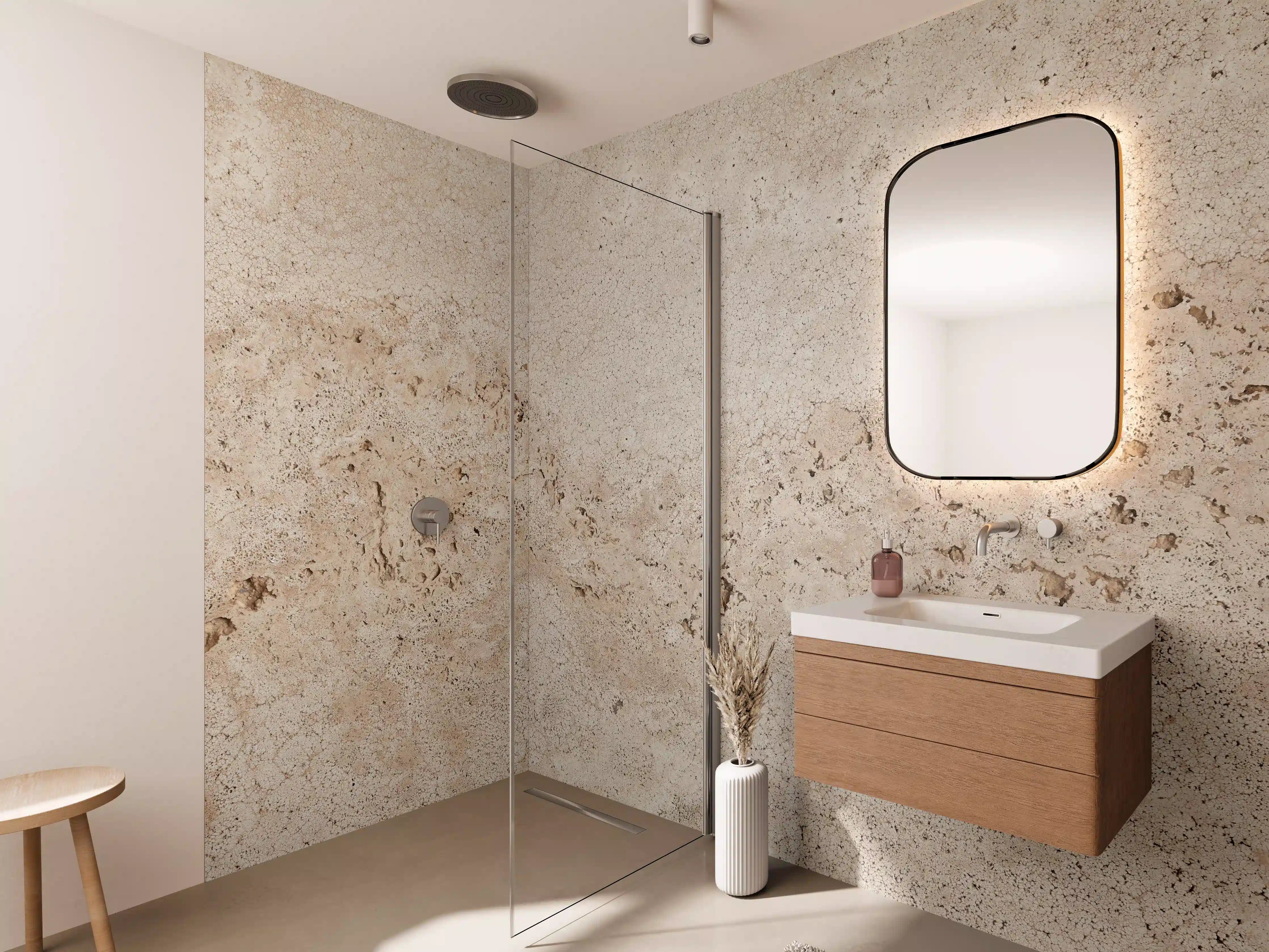 Wandverkleidung Bad - Beige Travertin-Optik mit heller Struktur