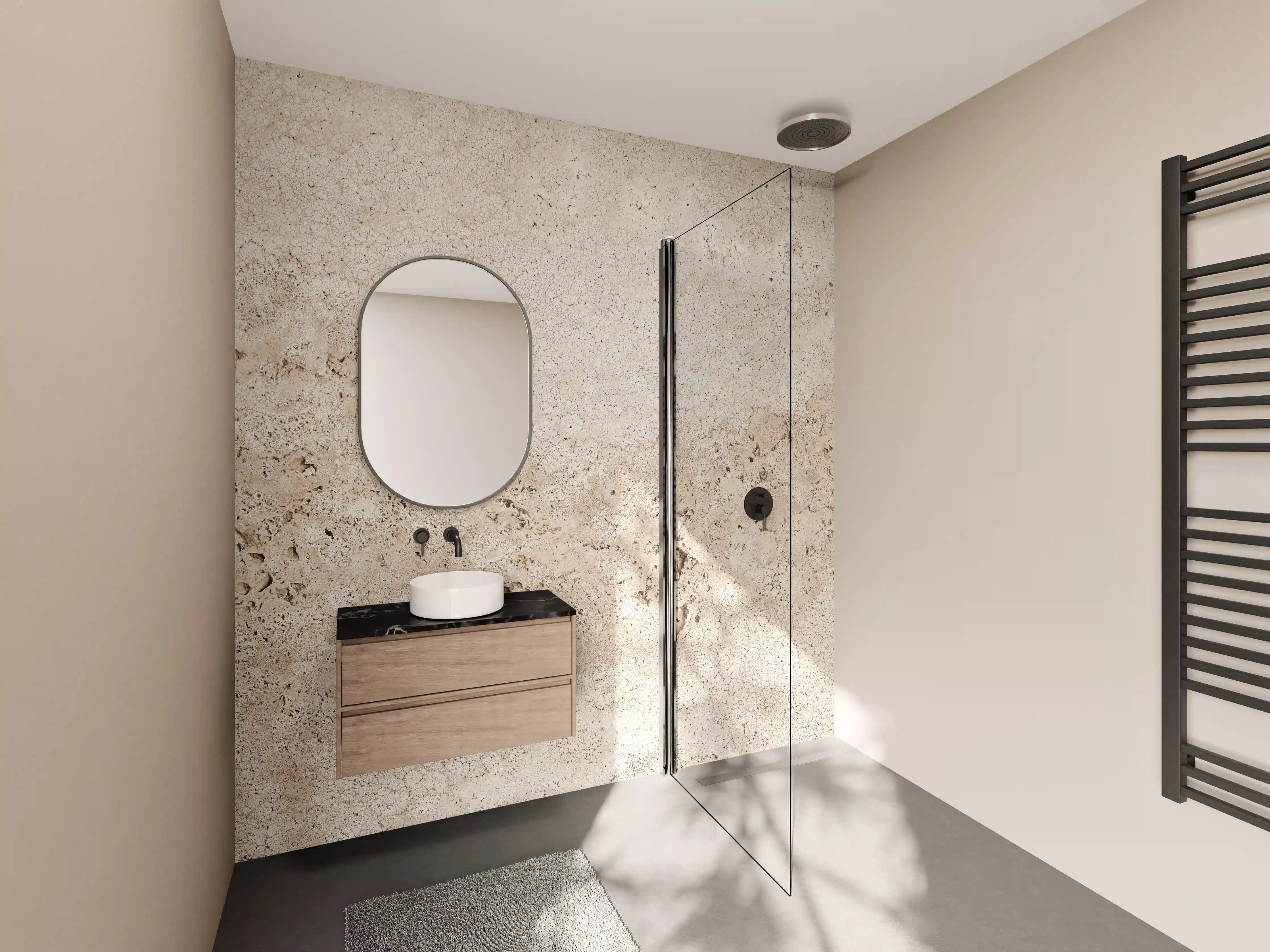 Wandverkleidung Bad - Beige Travertin-Optik mit heller Struktur