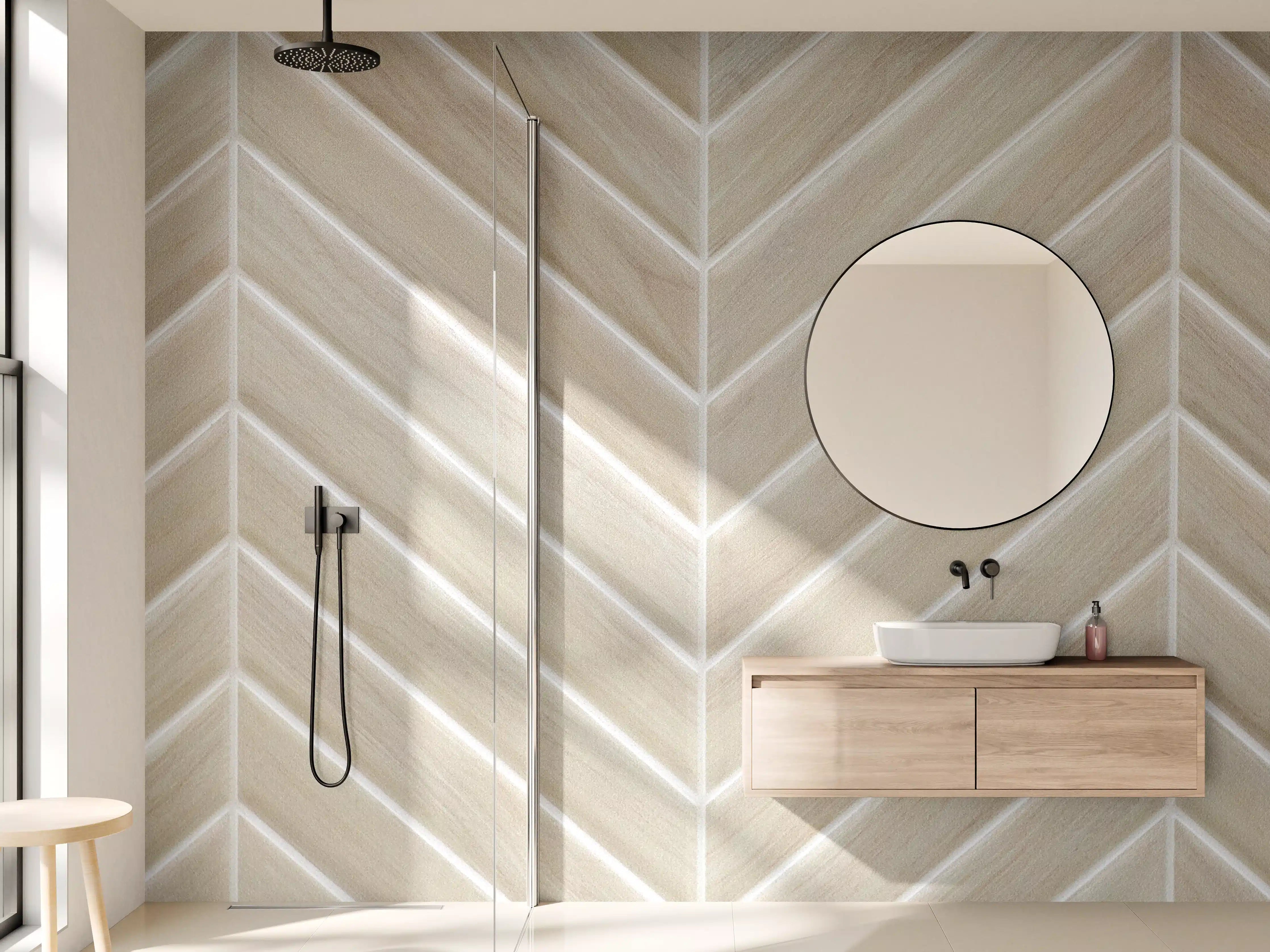 Wandverkleidung Bad - Beige & Grau Chevron Fliesenmuster
