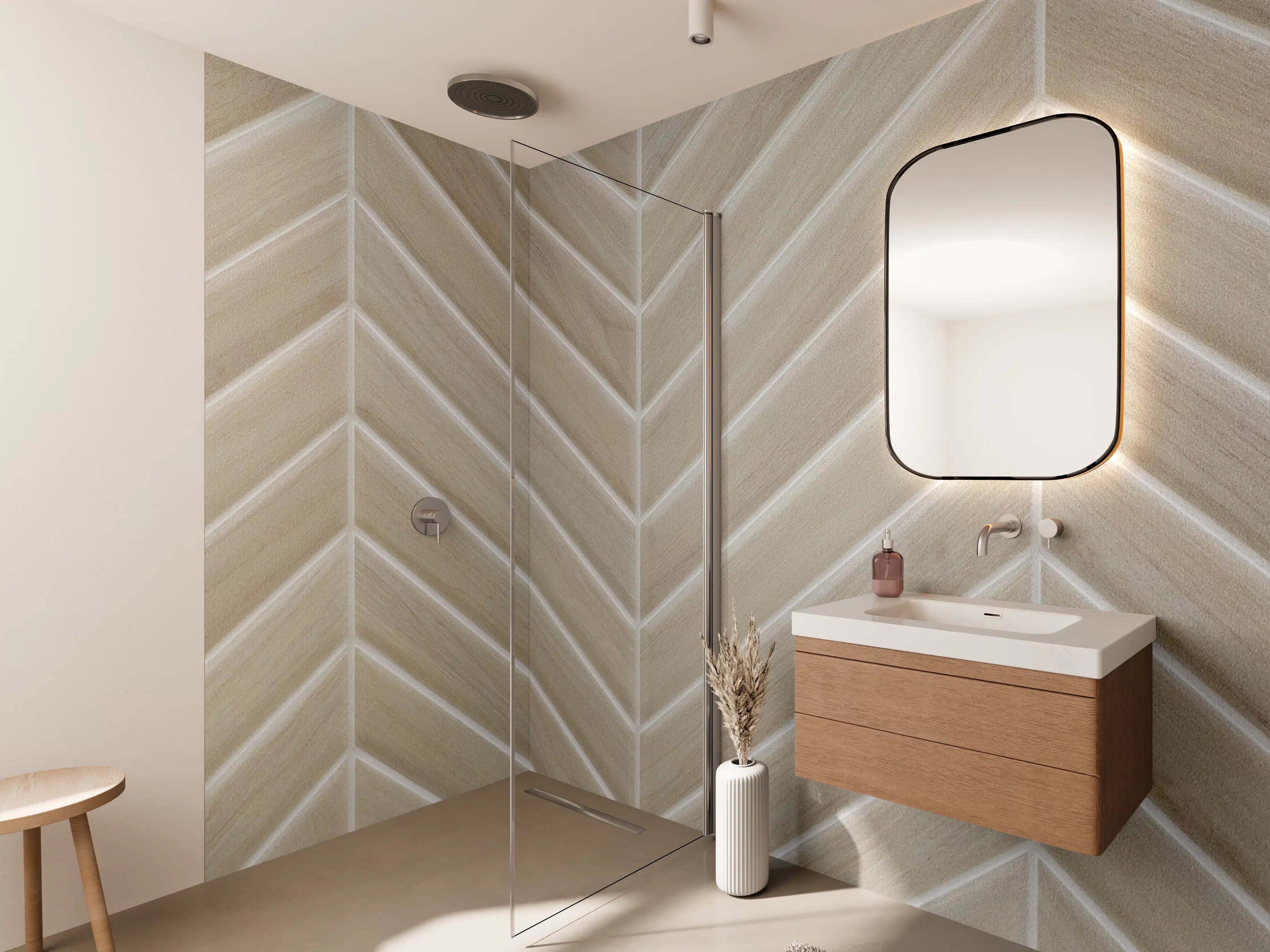 Wandverkleidung Bad - Beige & Grau Chevron Fliesenmuster