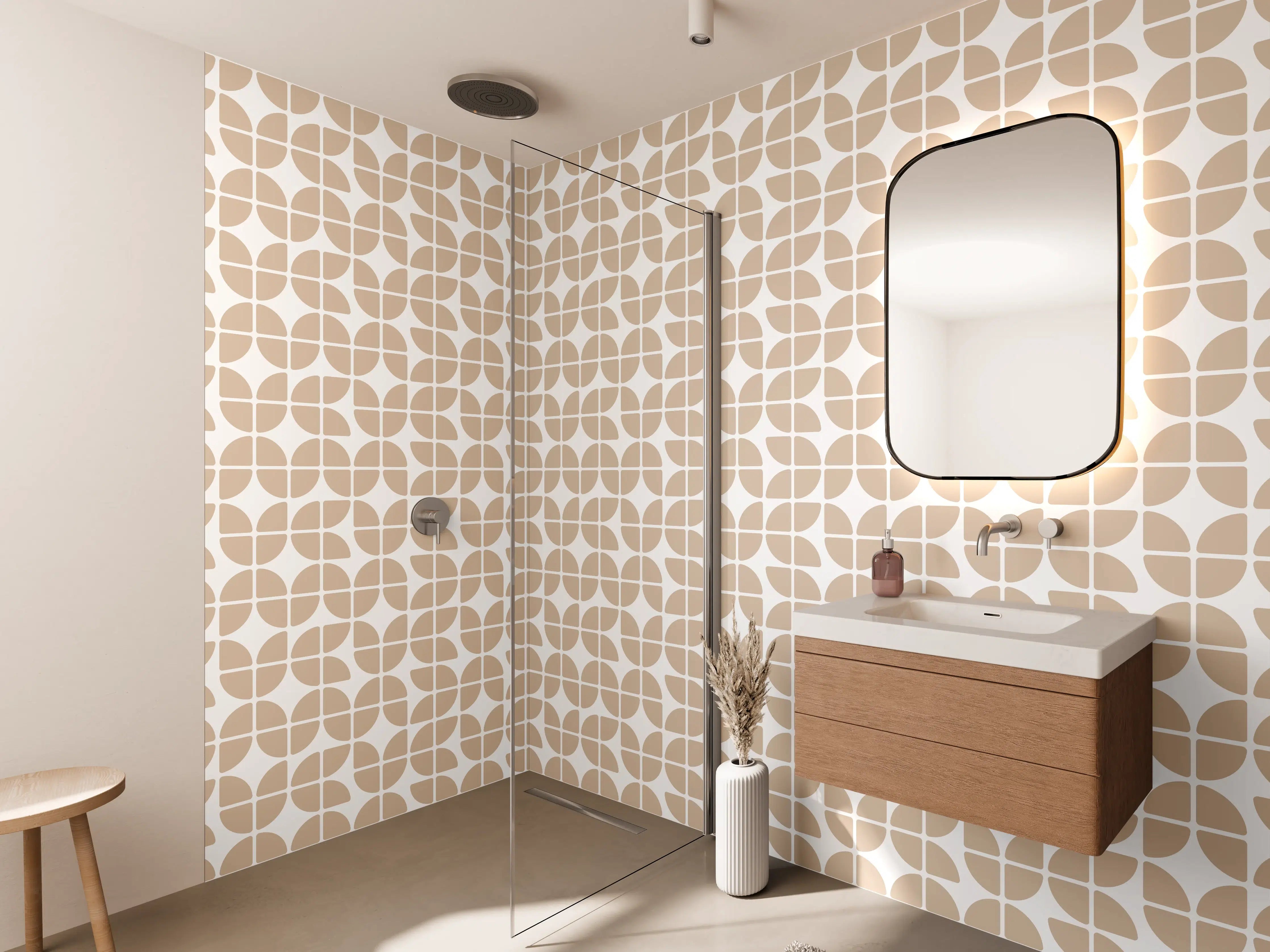 Wandverkleidung Bad - Beige und Weiß geometrische Musterfliese