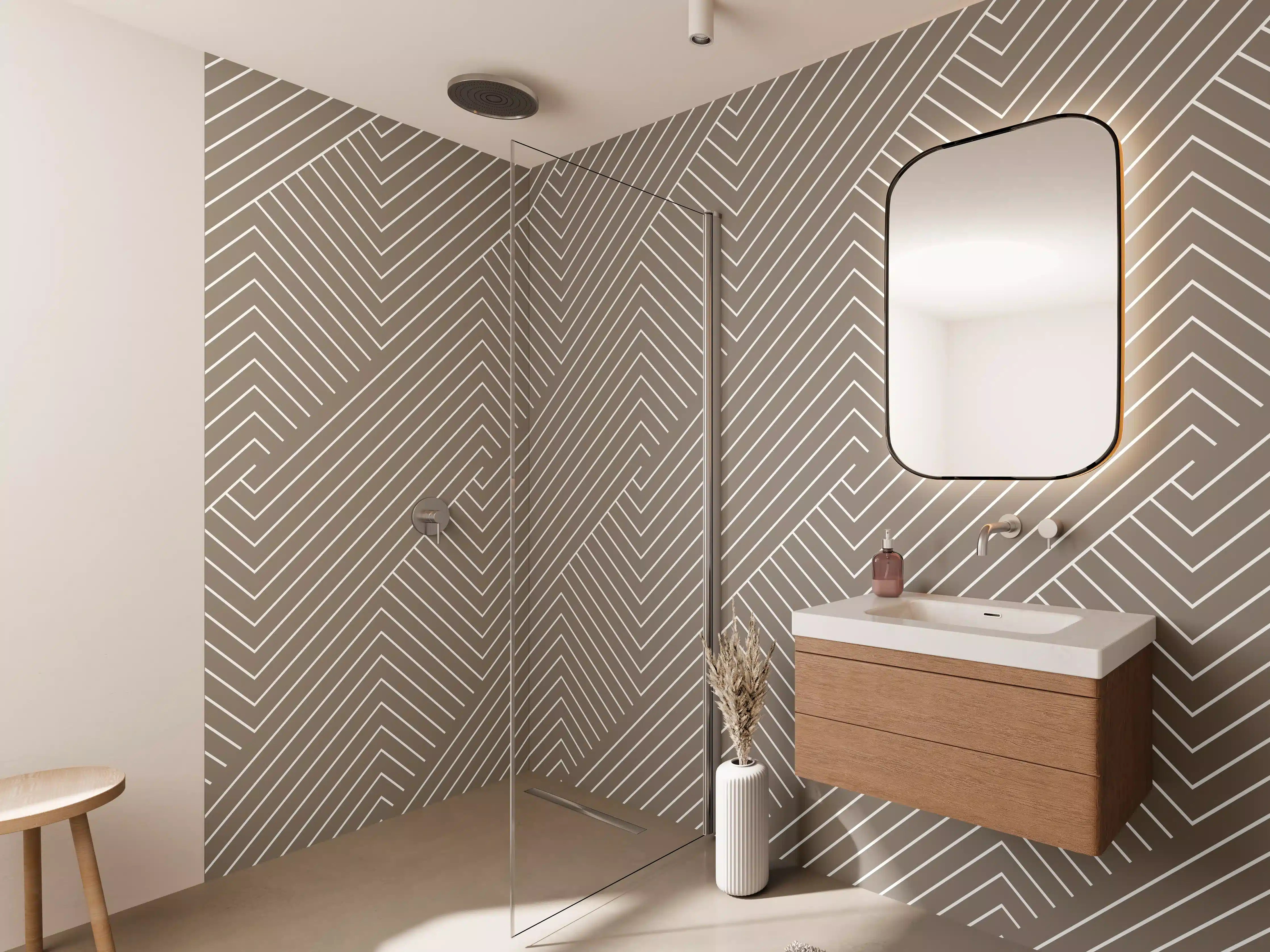 Wandverkleidung Bad - Beige und Weiße geometrische Linienmuster
