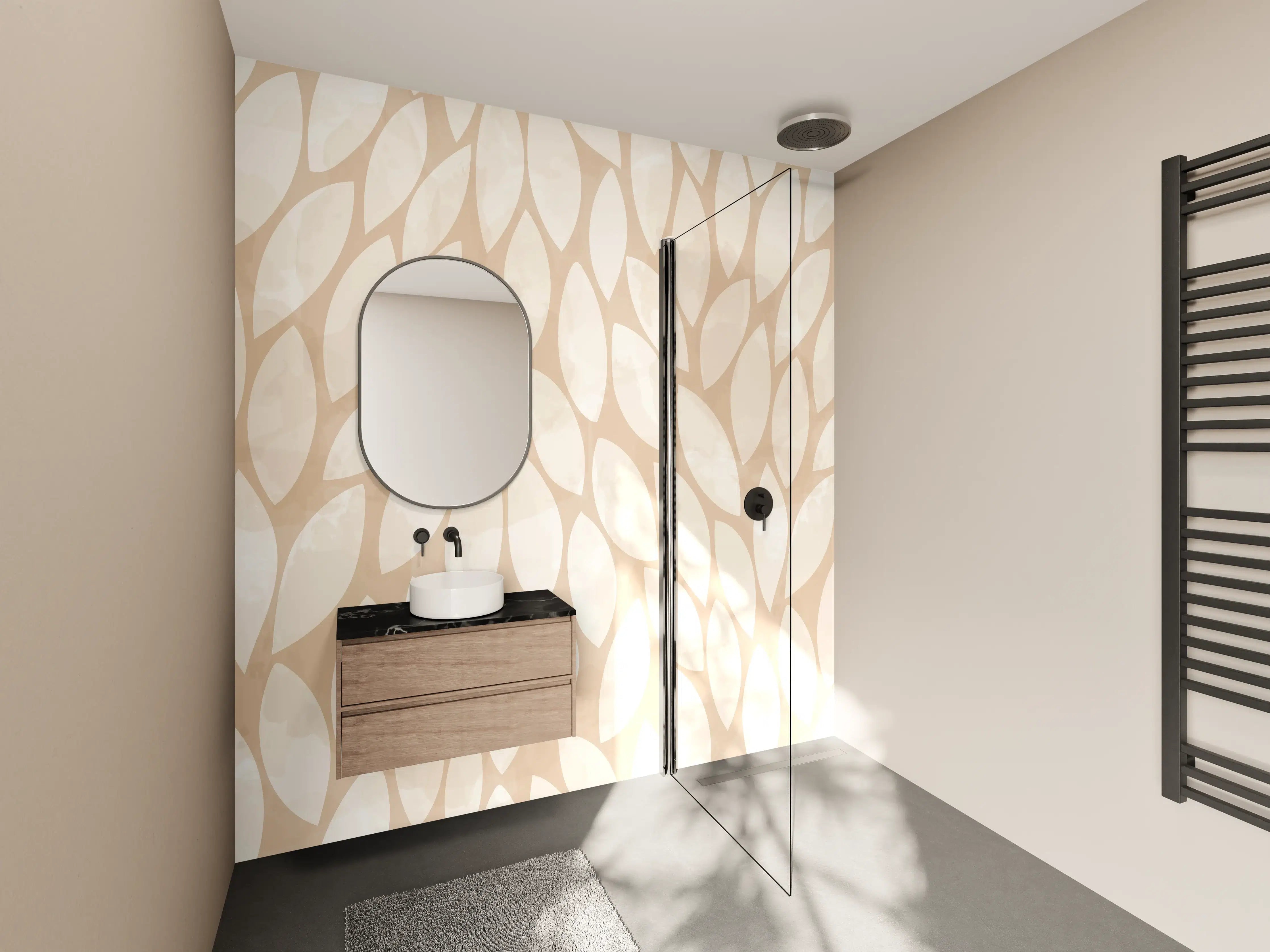 Wandverkleidung Bad - Beige-weiße Blättermuster mit sanften Farbtönen