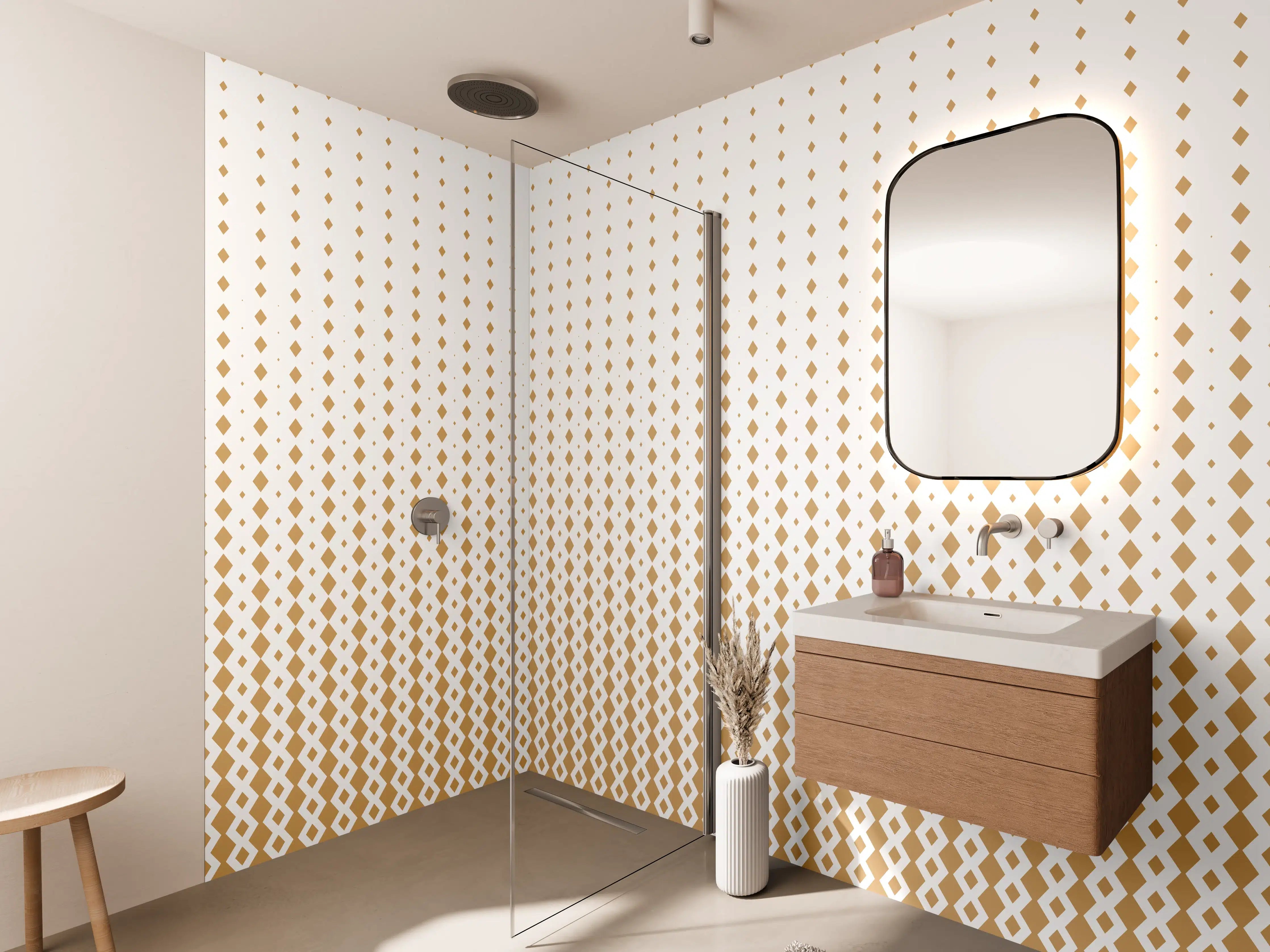 Wandverkleidung Bad - Beige-weiße Strukturtapete mit dezentem Punktmuster