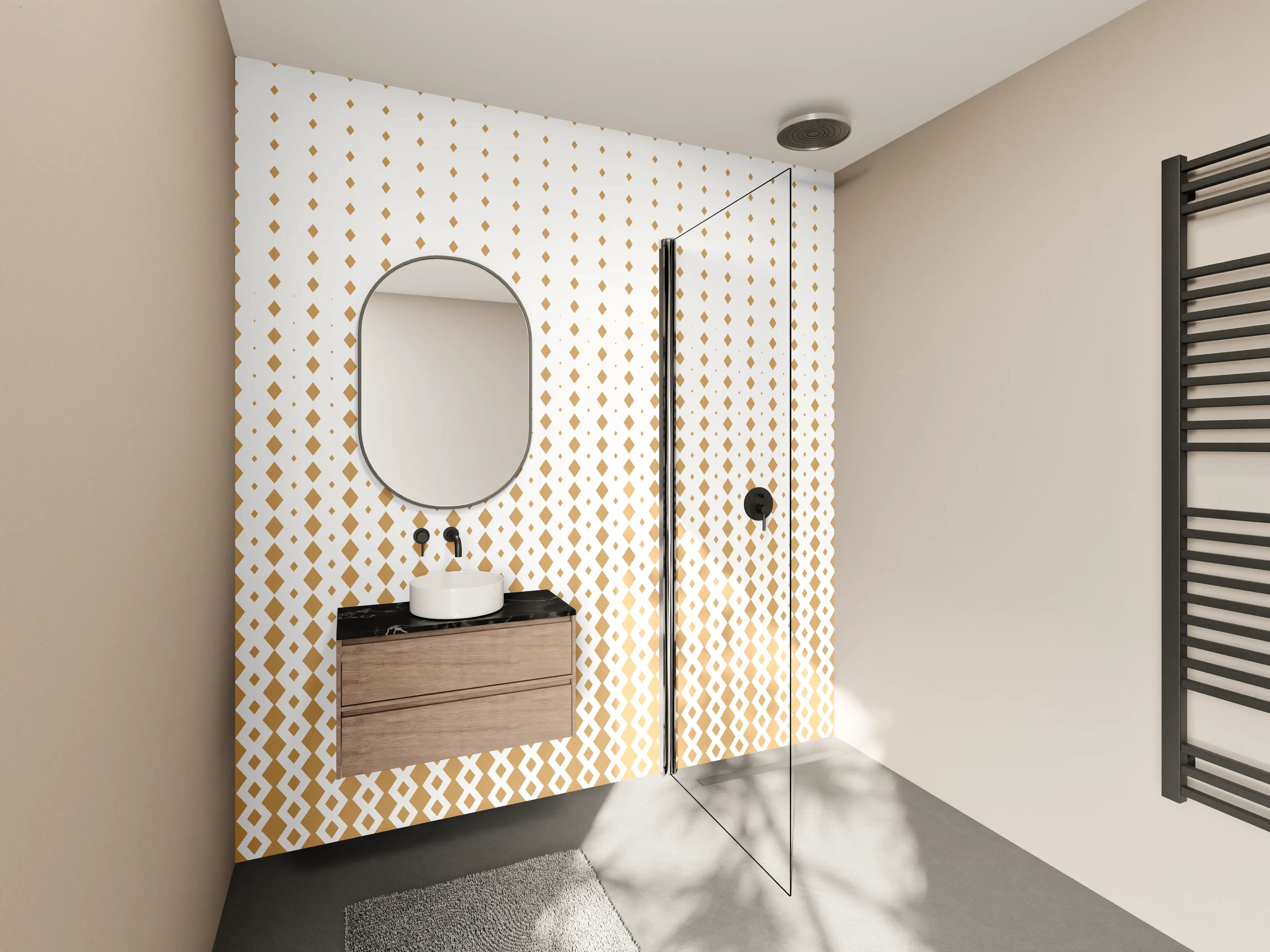 Wandverkleidung Bad - Beige-weiße Strukturtapete mit dezentem Punktmuster