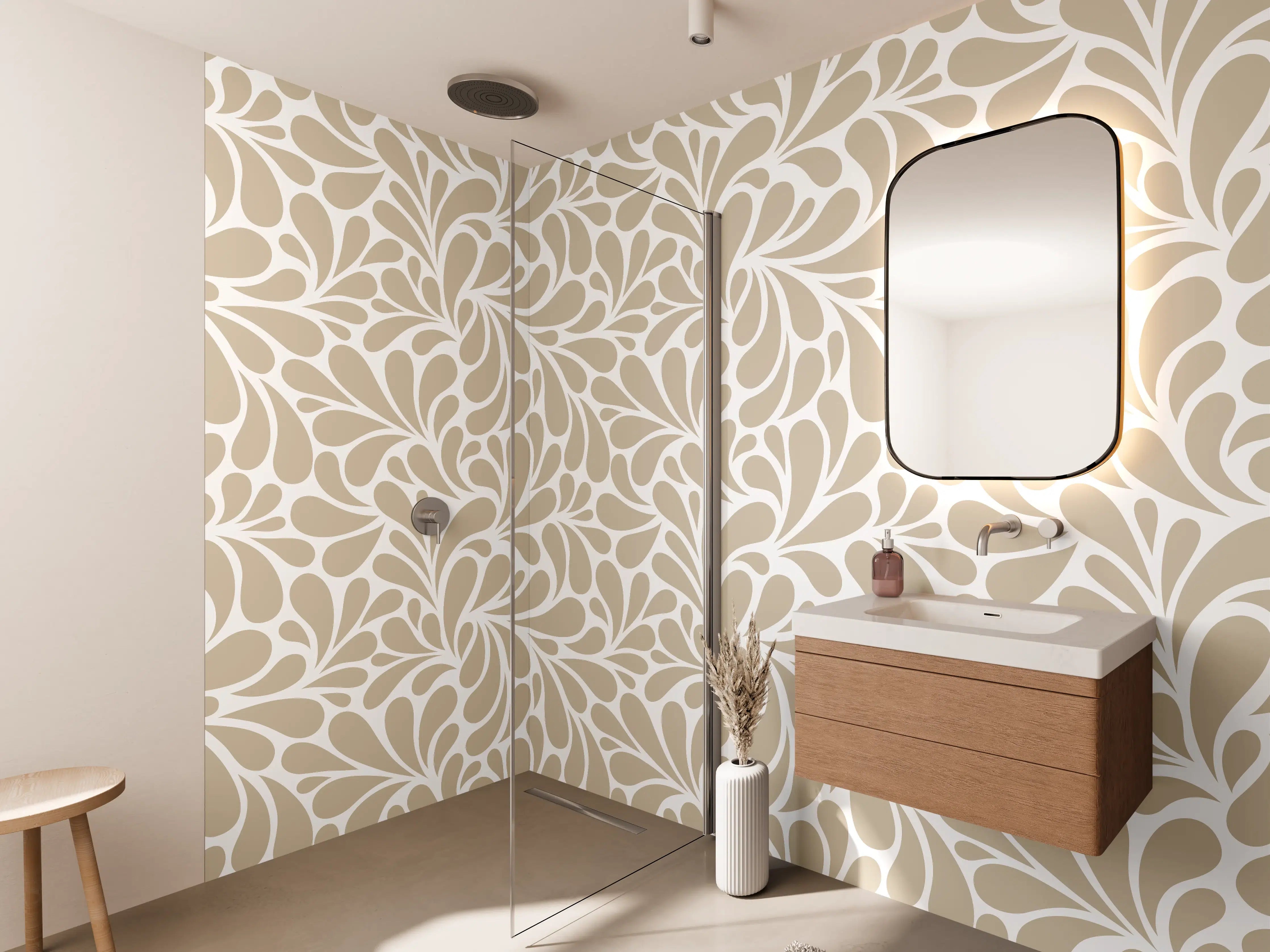 Wandverkleidung Bad - Beige-weiße florale Musterung
