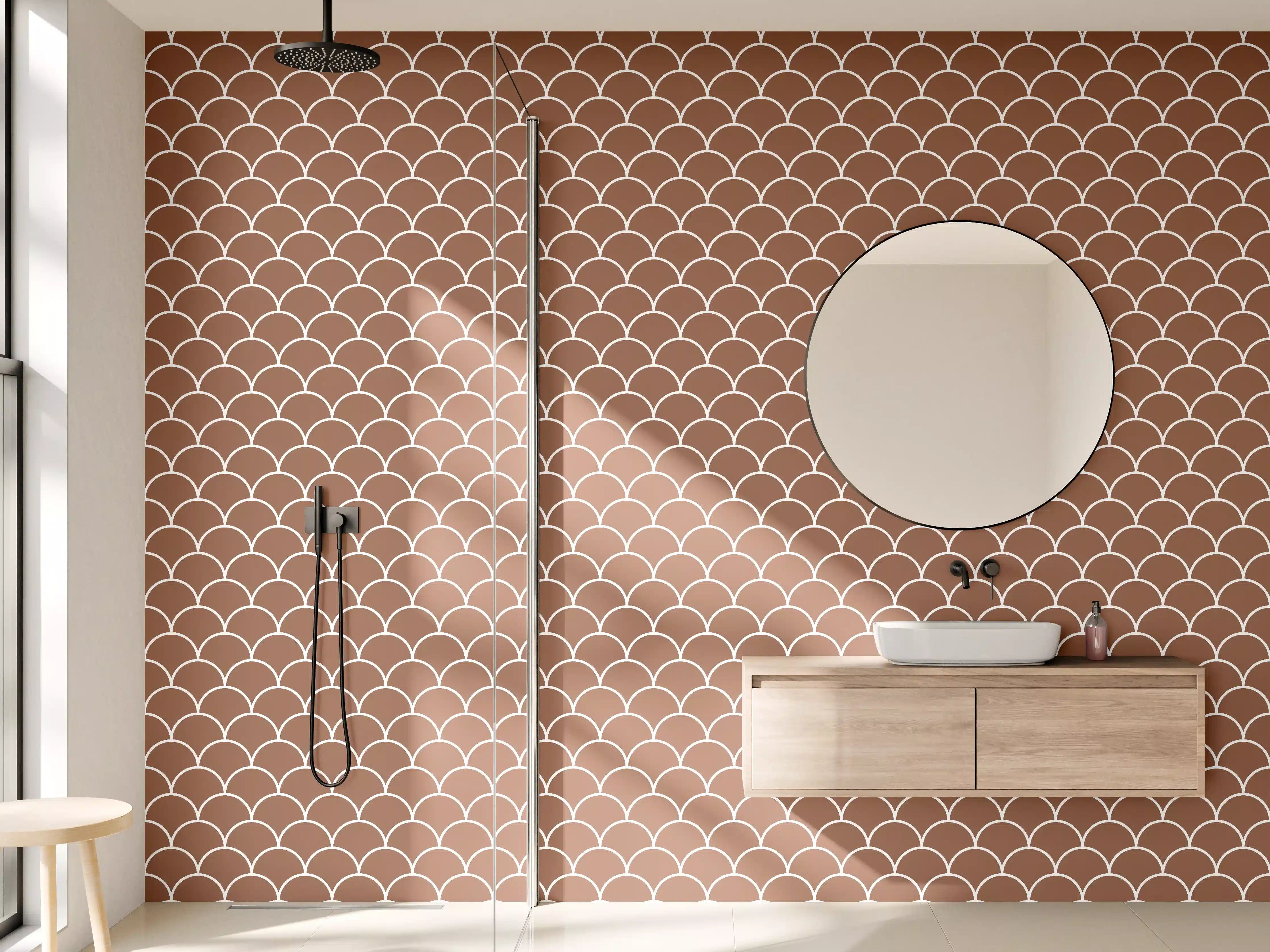 Wandverkleidung Bad - Beiger Fischschuppen-Muster in Schwarz-Weiß