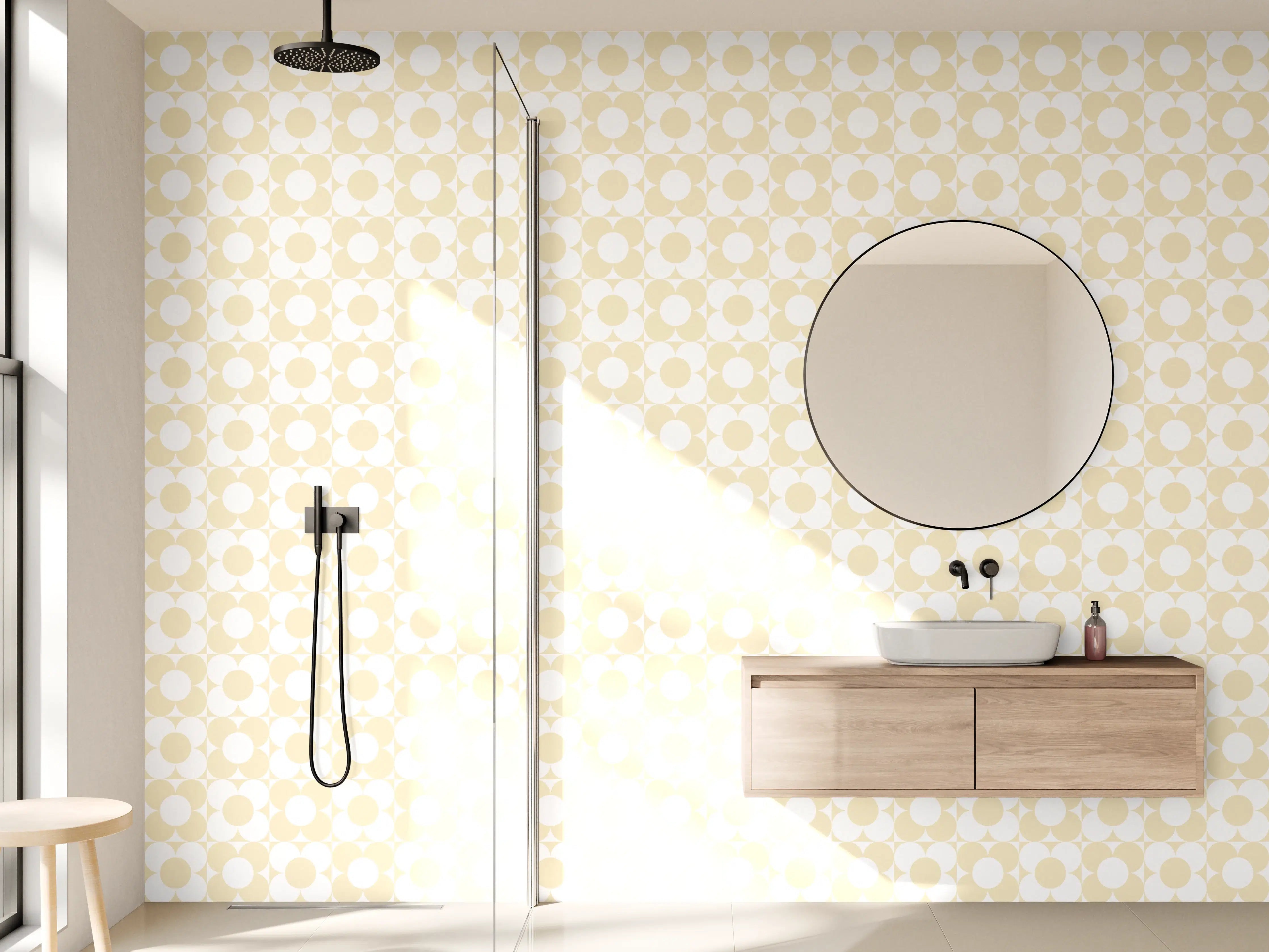 Wandverkleidung Bad - Beiger Stoff mit zartem Mustermotiv