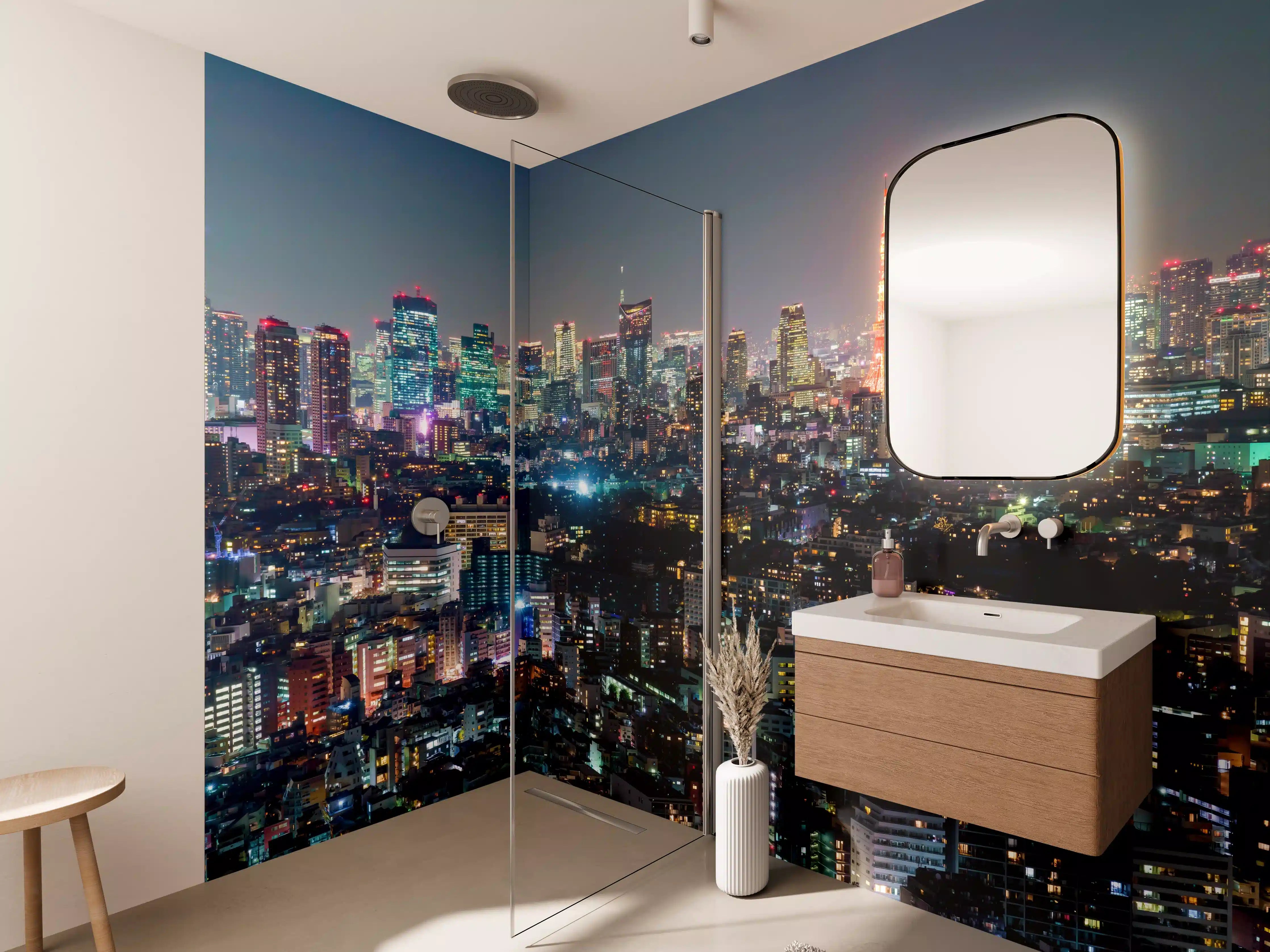 Wandverkleidung Bad - Beleuchtete Tokyo Skyline bei Nacht
